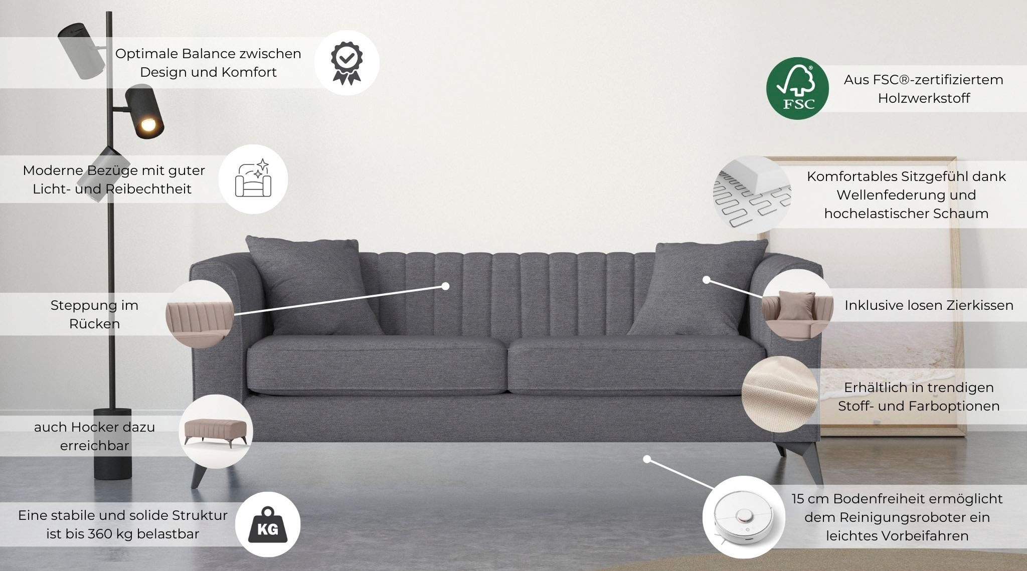 Home affaire 3-Sitzer »MATTHEW elegantes Designsofa, Maße B/T/H: 201/86/74 cm« feine Steppung im Rückenbereich, lose Sitzkissen, incl. Zierkissen