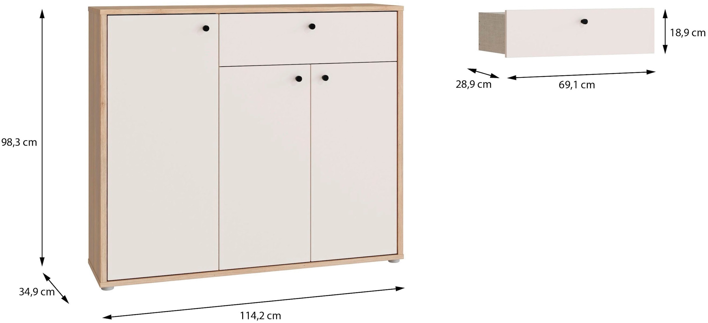 FORTE Schuhschrank Metallgriffe Schwarz B/H/T 113,4/98,3/34,9cm Soft Close, Vollauszug