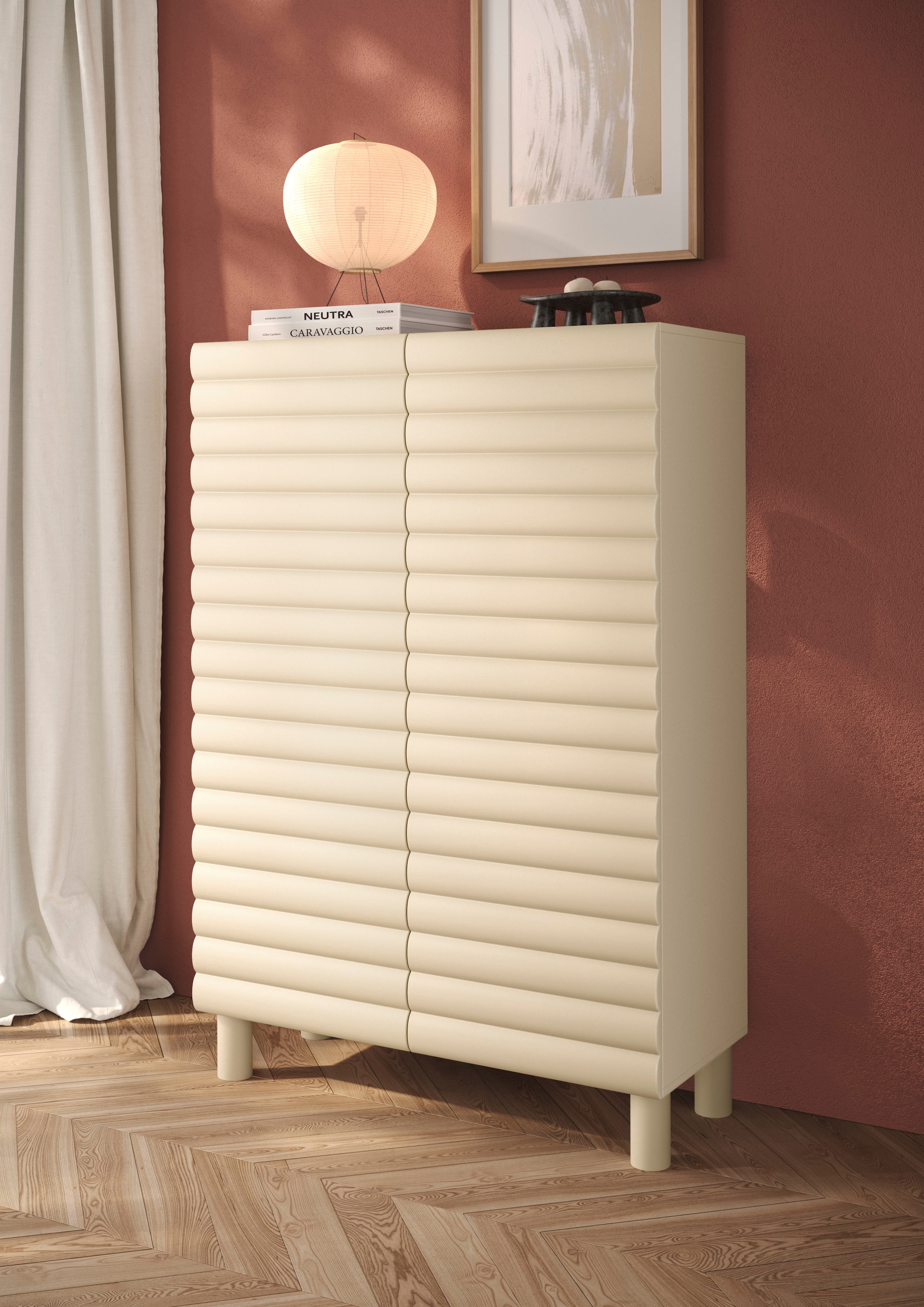 OTTO home Highboard »Adria, B/H 101/147 cm, 2 Türen, Hochkommode, Stauraumschrank« Korpus Talco Spatolato, MDF-Fronten in 3D-Design, viel Stauraum