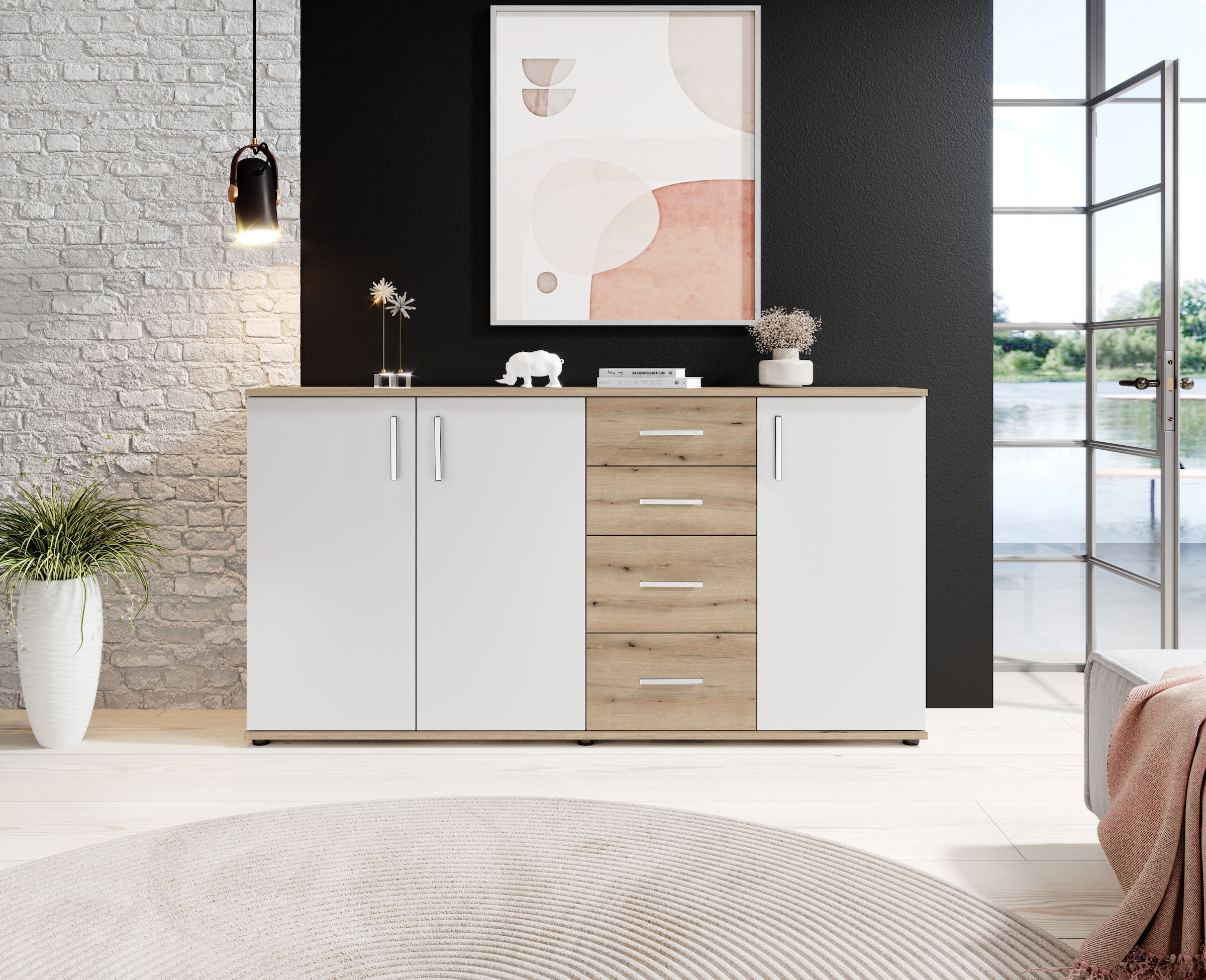 HBZ Kommode »BC-Drift-2, Sideboard Stellmaß BxHxT 160x84x35 cm«, (1 St.), Sideboard mit 3 Türen und 4 Schubkästen, 2 Einlegeböden
