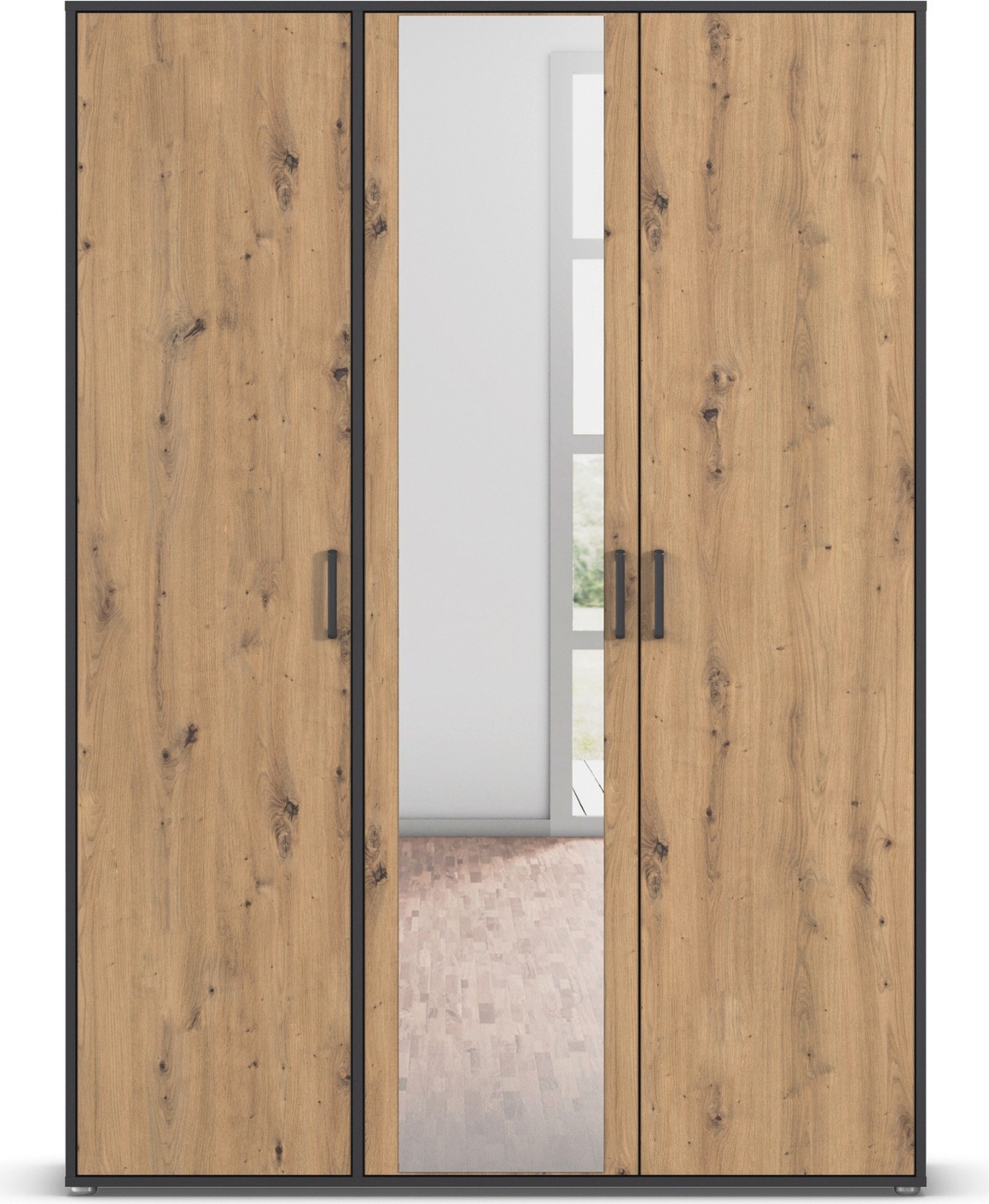 rauch Drehtürenschrank »Kleiderschrank Schrank Garderobe Wäscheschrank VOYAGER«, (in 3 verschiedenen Ausstattungen BASIC/CLASSIC/PREMIUM), mit modernen Griffen in Graumetallic und Spiegel