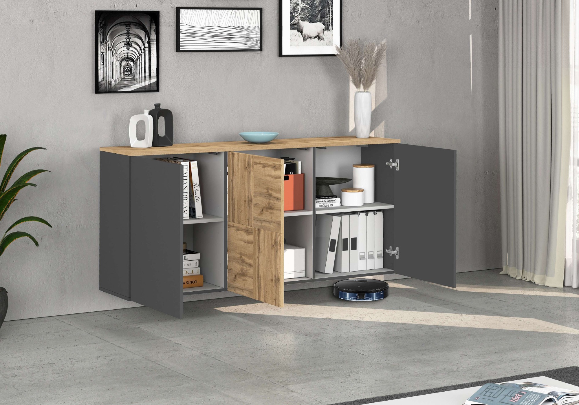 OTTO home Sideboard »ISEO, Kommode, Schrank, Sideboard, Lowboard, 6 Fächer, Breite 150 cm« 1 Stk. tlg. stehend/hängend, 3 Türen, 6 Fächer, Breite 150 cm