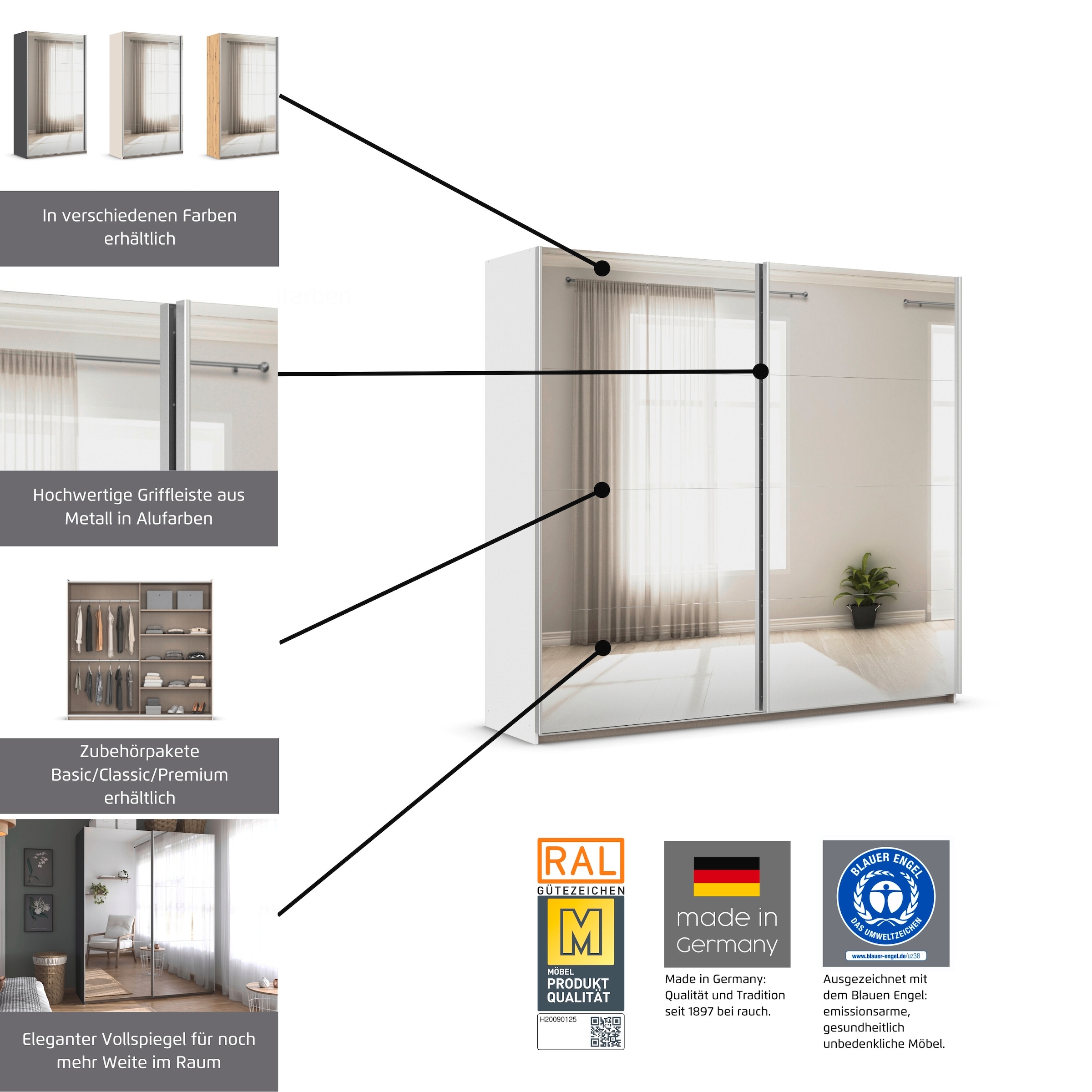 rauch Kleiderschrank »Schwebetürenschrank Schrank Garderobe Wäscheschrank ASTANA« 3 Ausstattungen BASIC/CLASSIC/PREMIUM (inkl. SOFT-CLOSE-FUNKTION),  großflächige Spiegelfront, B/H/T: 218/210/59 cm MADE IN GERMANY