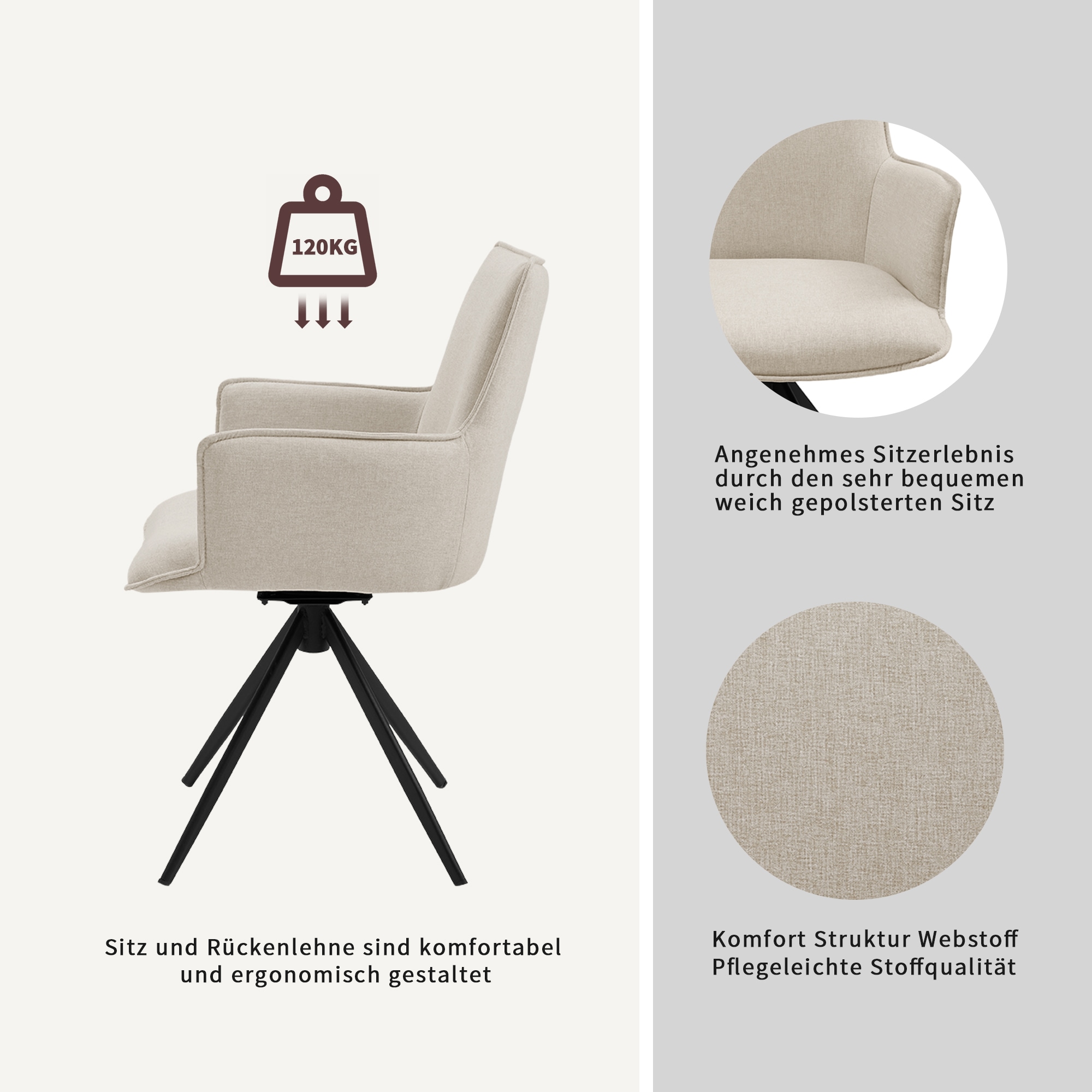 OTTO home Drehstuhl »Amoreve« (Set) 2 Stk.hochwertiger Strukturstoff, ergonomisches Design, Metallgestell