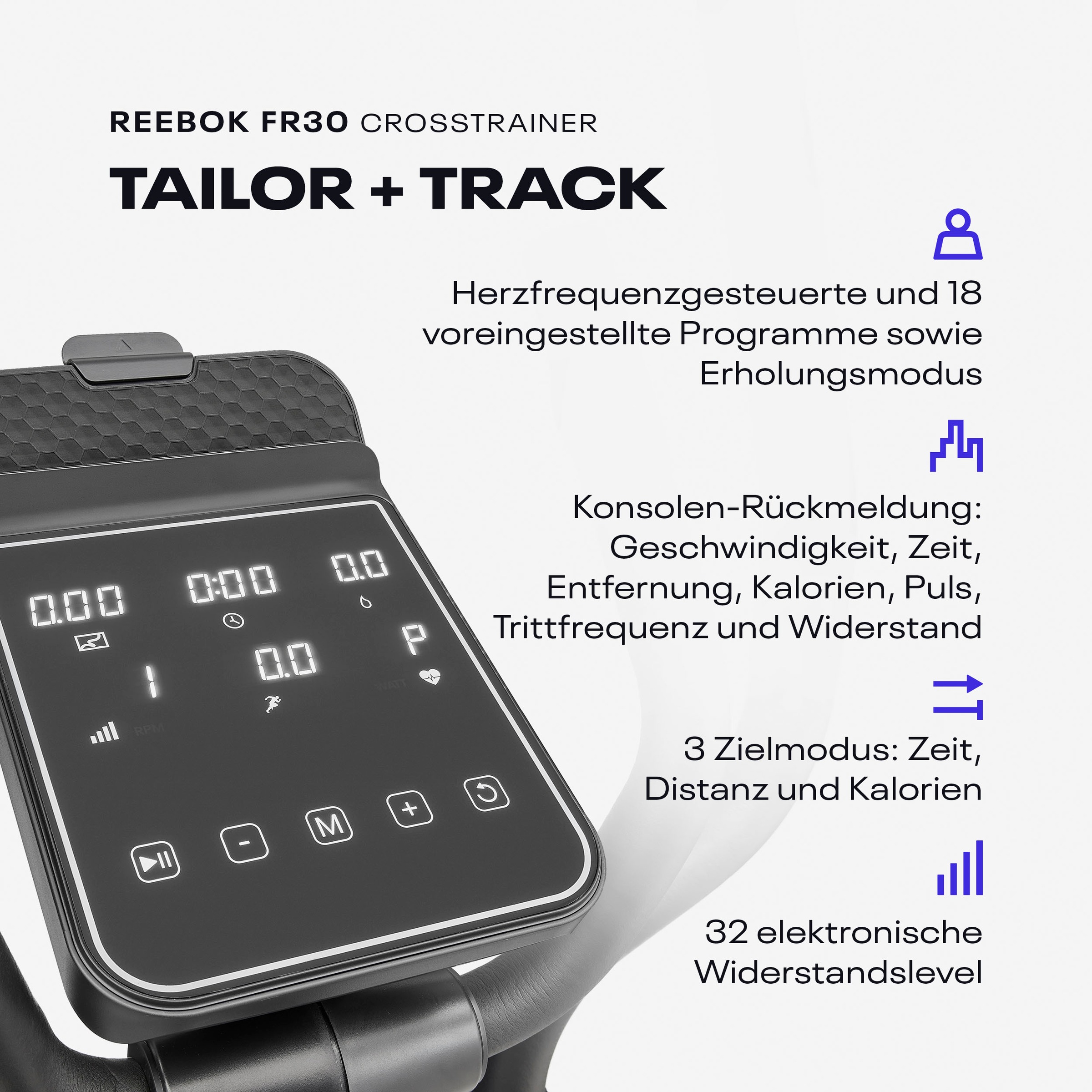 Reebok Crosstrainer-Ergometer »FR30«, (mit Tablet-Halterung und integr. Pulsempfänger), Schwungmasse ca. 4 kg, 18 Widerstandsstufen