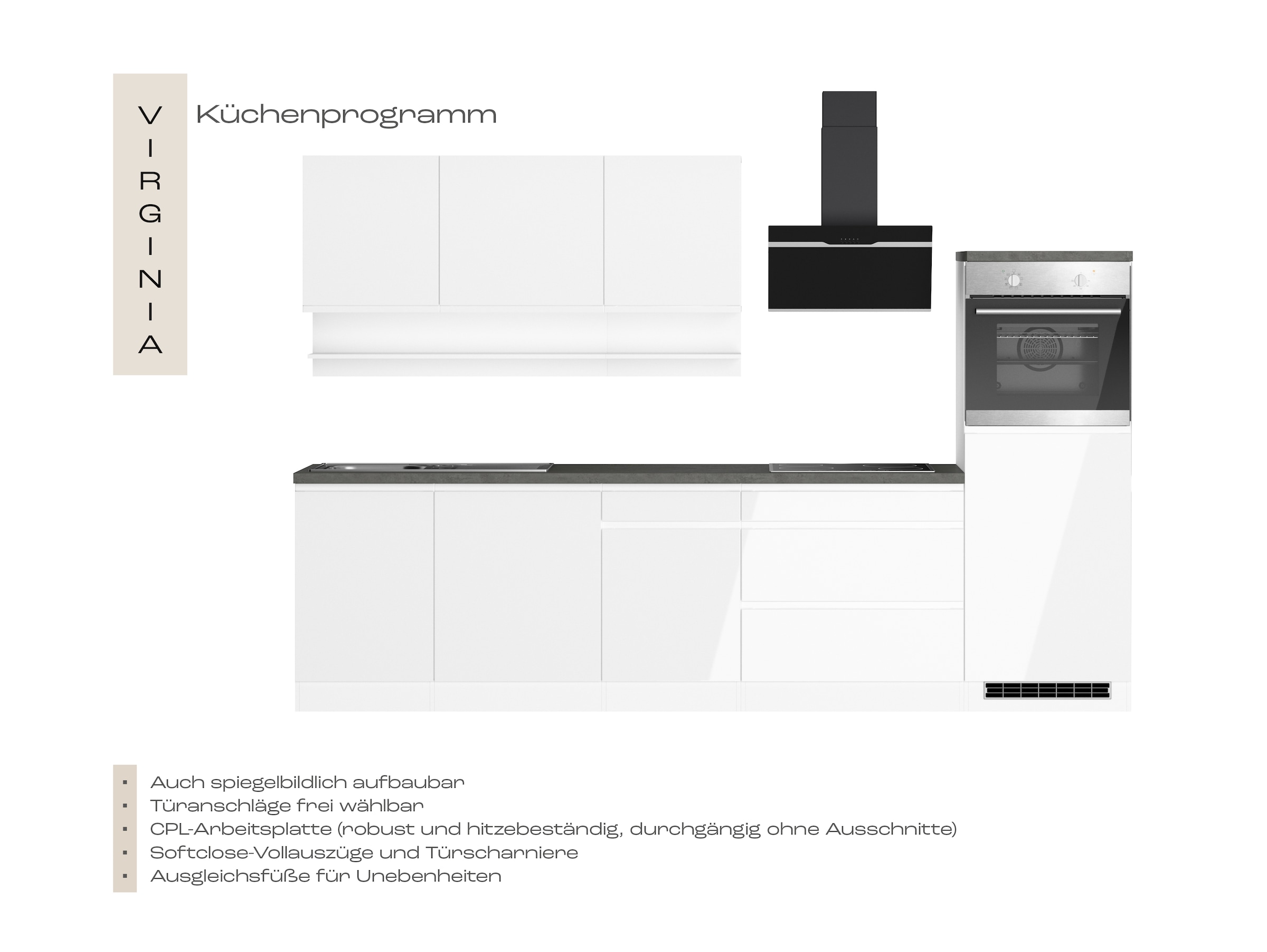 KOCHSTATION Küchenzeile »KS-Virginia,neu in verbesserter Ausführung« Arbeitsplatte 38 mm stark, Stauraum, Softclose,  Breite 300 cm, Soft-Close, wahlweise mit E-Geräten