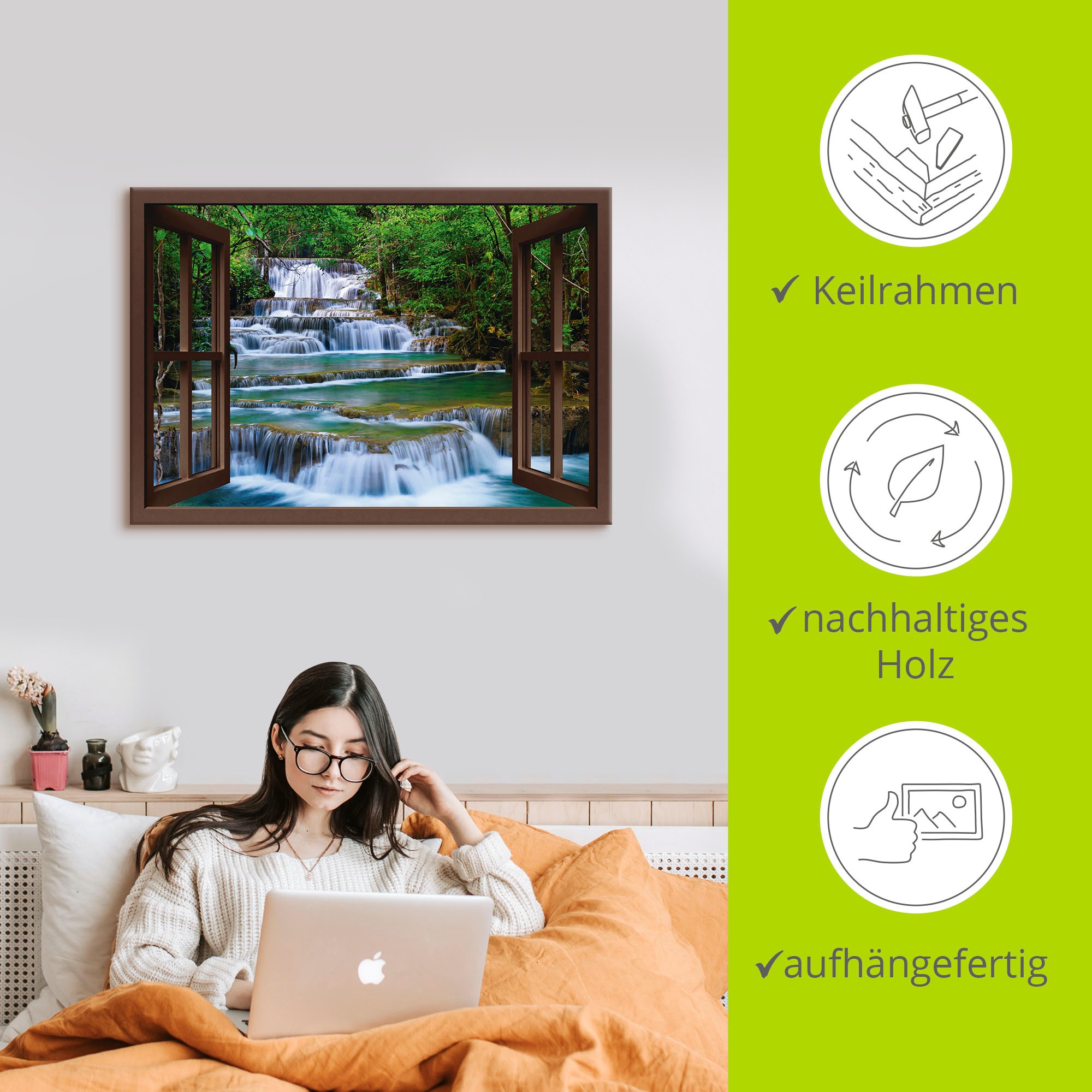 Artland Wandbild »Fensterblick Wasserfall in Kanchanaburi«, Fensterblick, (1 St.), als Leinwandbild, Poster, Wandaufkleber in verschied. Größen