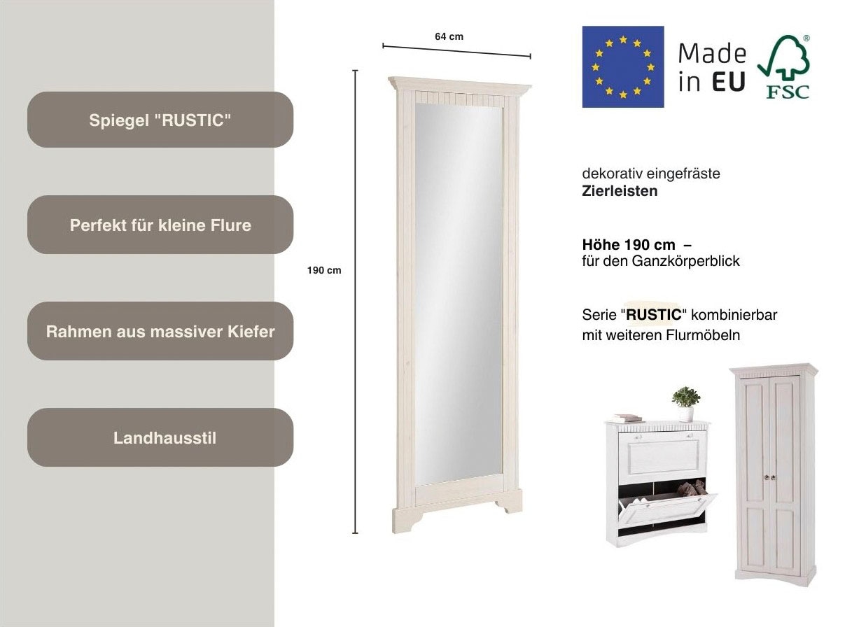 Home affaire Spiegel »Rustic«, Rahmen in Kiefer massiv, Höhe 190 cm, mit Zierfräsungen