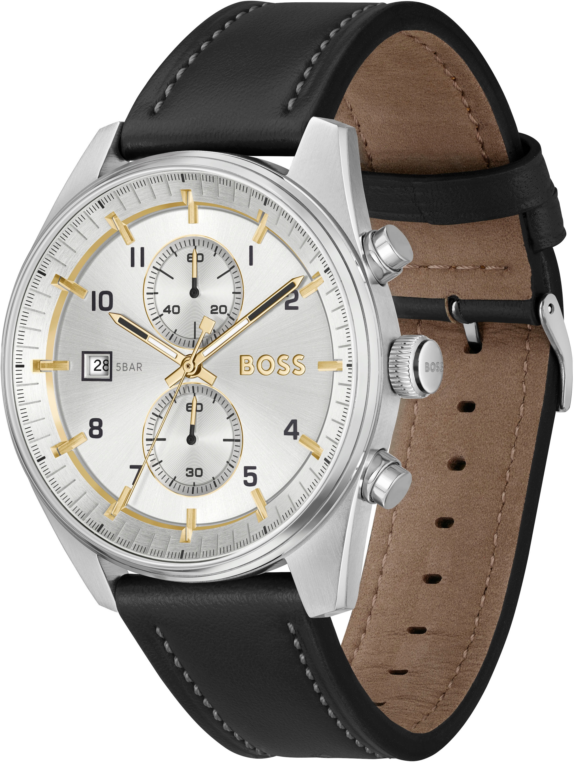 BOSS Chronograph »SKYTRAVELLER«, Quarzuhr, Herrenuhr, Armbanduhr, Stoppfunktion, Lederarmband