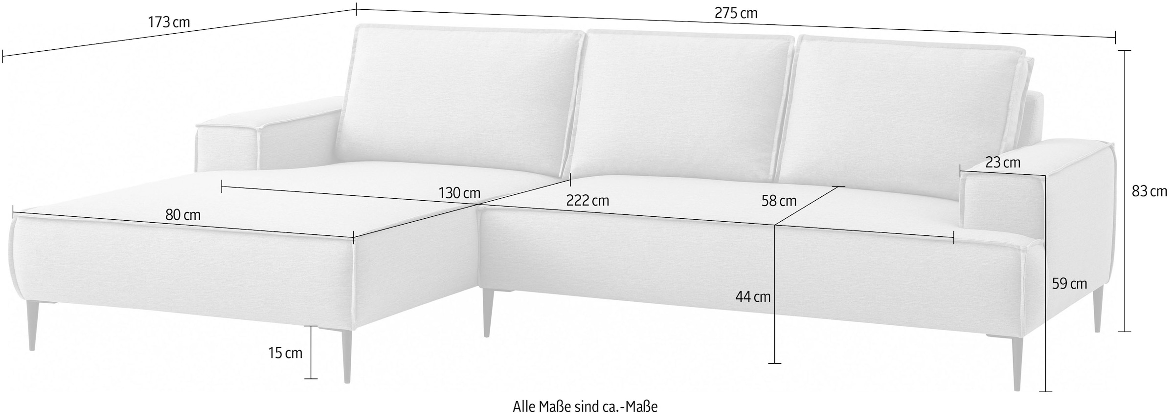 andas Ecksofa »TVINNU, L-Form, 275cm, in Cord und Flachgewebe«, wahlweise Recamiere rechts/links, schwarze Füße, bequemer Sitzkomfort