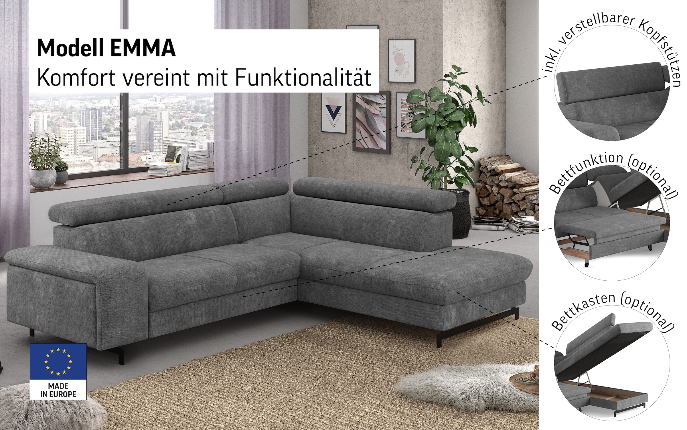 COTTA Ecksofa »Emma L-Form«, mit Kopfteilverstellung, wahlweise mit Bettfunktion & Bettkasten
