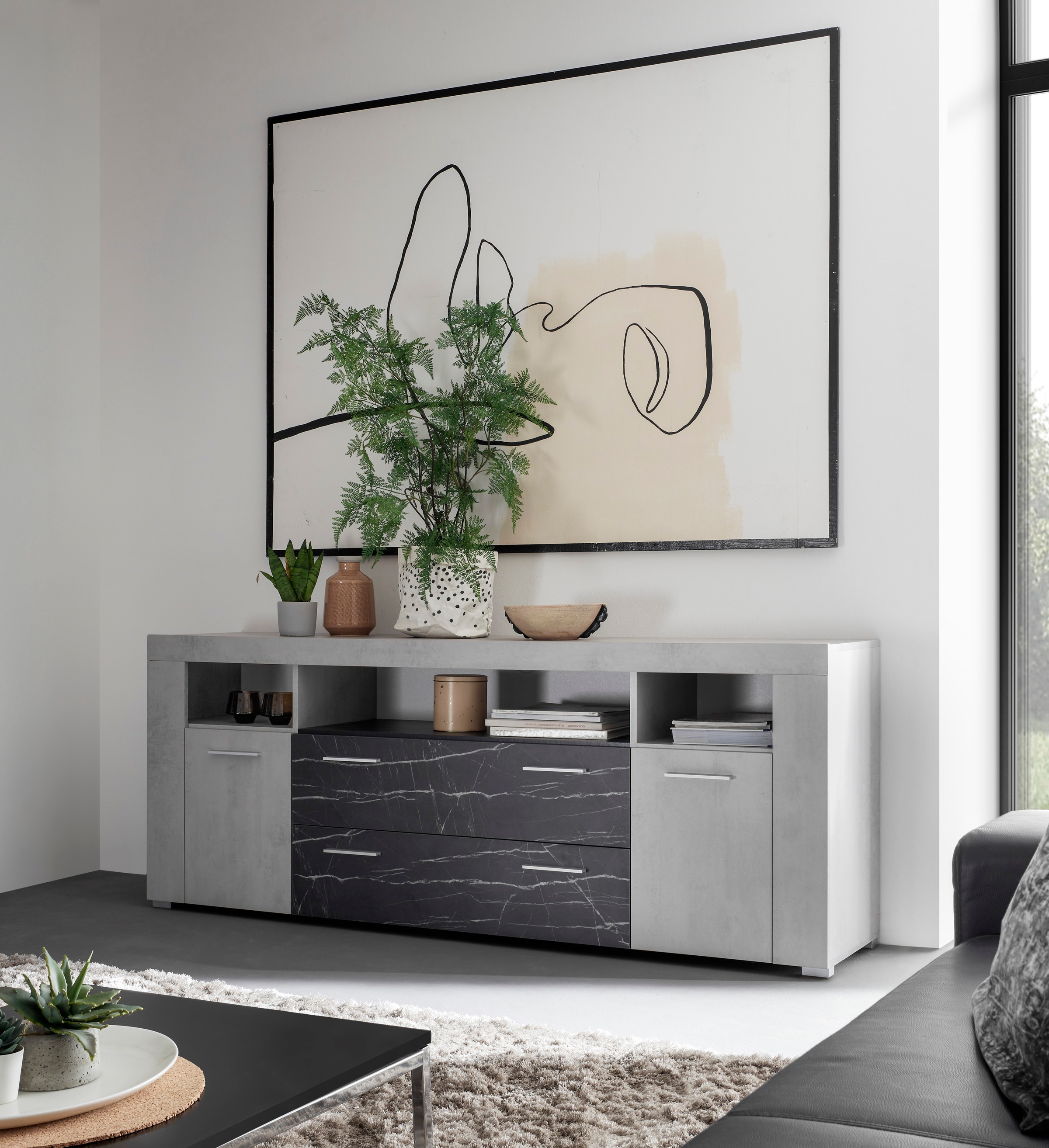 Premium collection by Home affaire Sideboard »Madrid«, mit edlen Marmor Dekor und silberfarbenen Metalleisten, Breite ca. 180 cm