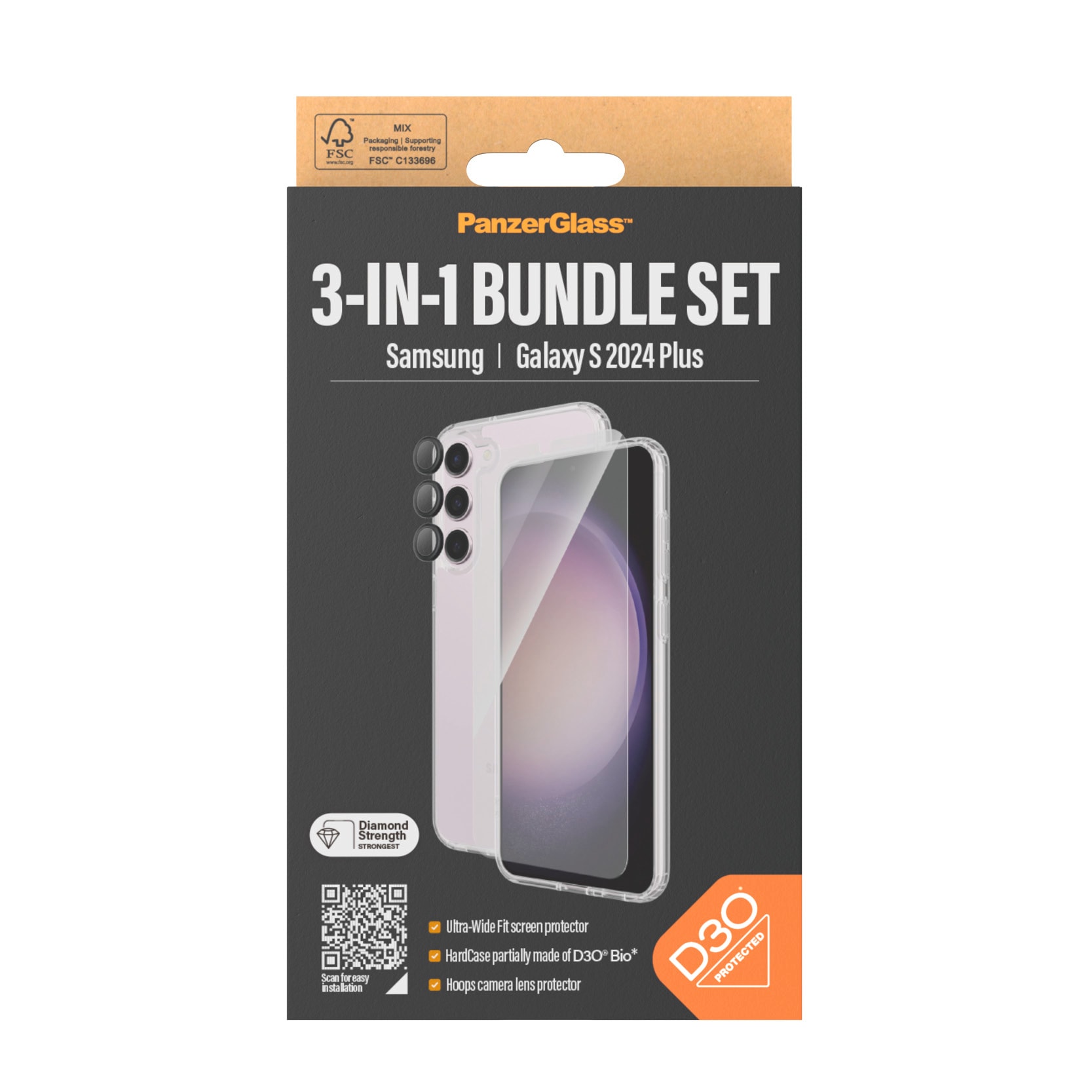 PanzerGlass Displayschutzglas »3-in-1 Bundle Set Screen Protector, Case und Camera Lens Protector«, für Samsung Galaxy S24+, Displayschutzfolie, Backcover, Lens Cover, Rundumschutz