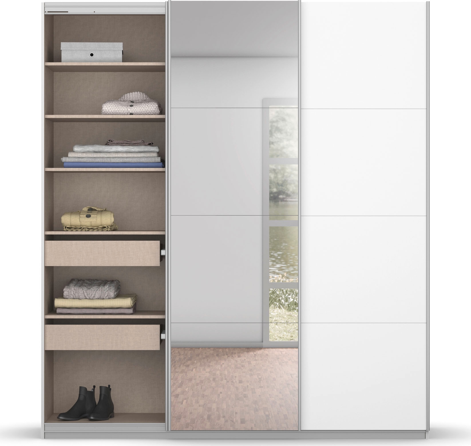 rauch Schwebetürenschrank »Kleiderschrank Schrank Garderobe BESTSELLER KOLUNA mit Spiegel«, inkl. 2 Innenschubladen sowie extra Einlegeböden MADE IN GERMANY