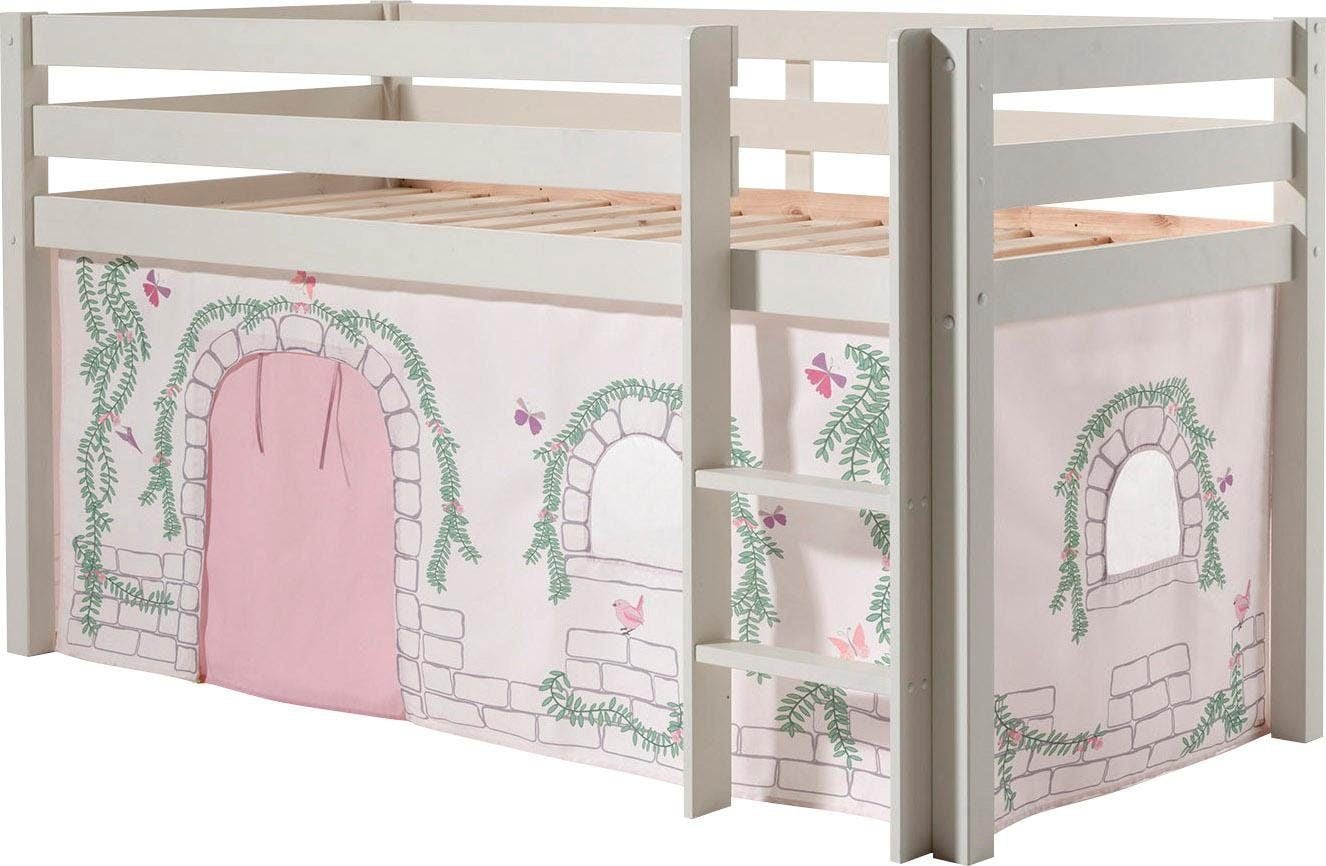 Vipack Hochbett »Pino«, (Made in Europe), Massivholz, Textil-Set "Birdy", wahlweise mit Rutsche und Bett-Tunnel