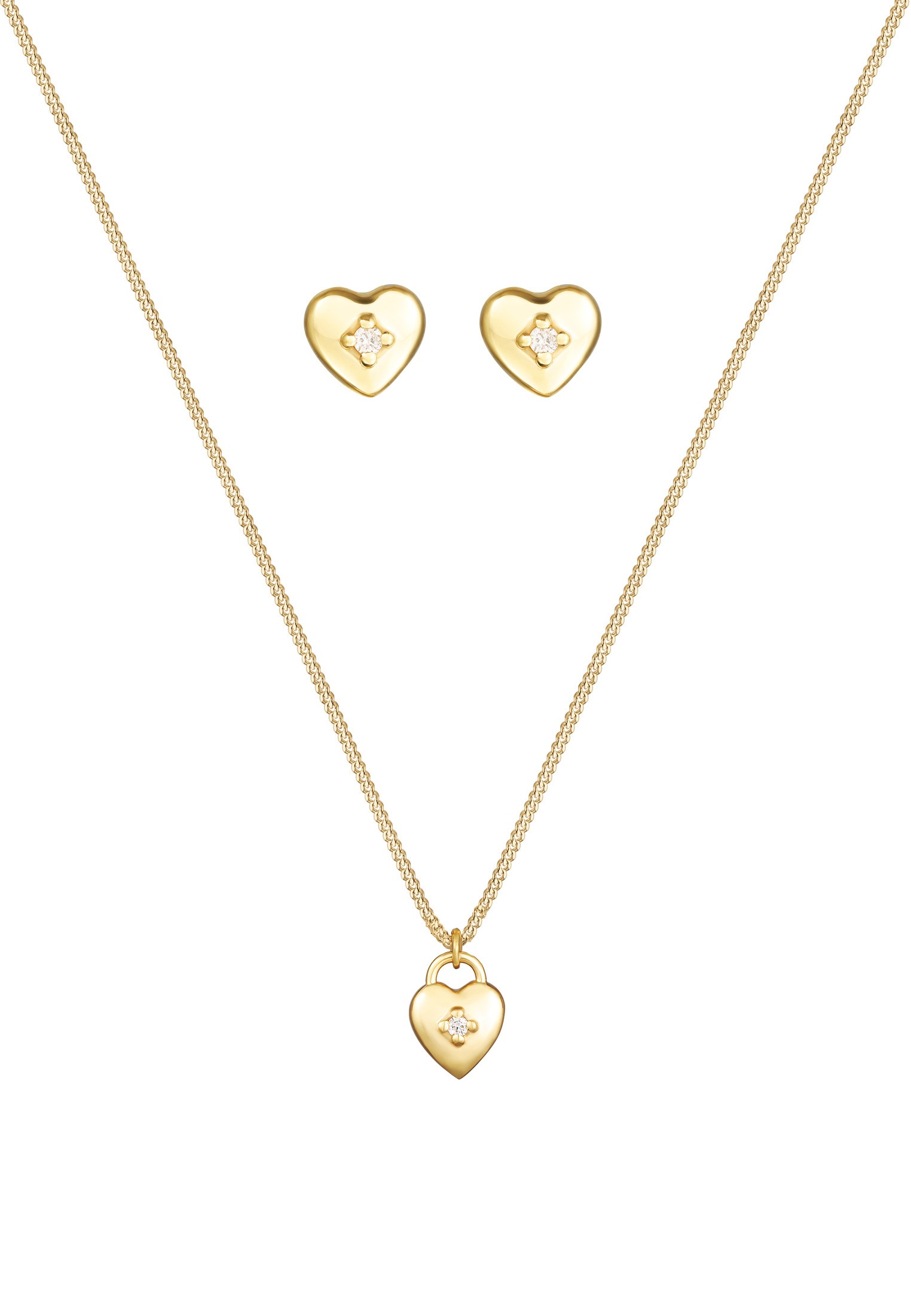 Elli DIAMONDS Ohrring und Ketten Set »Schmuckset Herz Liebe Solitär Diamant (0.015 ct.) 375 Gelbgold«