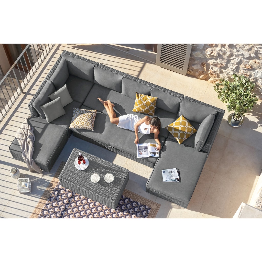 KONIFERA Gartenlounge-Set »New York«, (21 tlg., 1x 3er AZ-Sofa, 1x Ecke, 1x Sessel, 1x Ottomane mit Staufach, 1x Tisch), Tisch 110x65 cm, Aluminium,Polyrattan,individuell stellbar,10 Personen