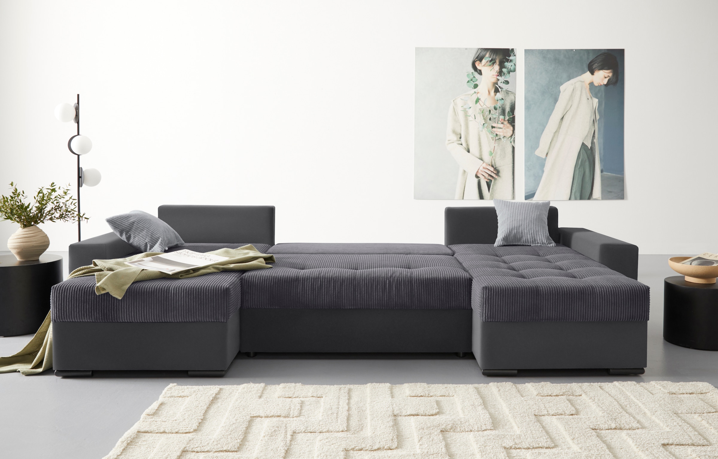 COLLECTION AB Wohnlandschaft »XL-Josy U-Form, Breite 313 cm, Cord-/Mix«, inkl. Bettfunktion, Bettkasten, mit 4 gleich großen Rückenkissen