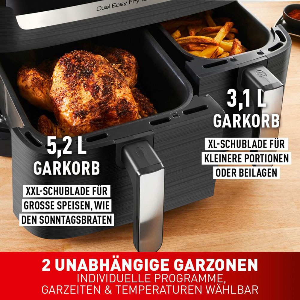 Tefal Heißluftfritteuse »EY905B Dual Easy Fry & Grill«, 2700 W, Doppelkammer Heissluftfritteuse, inkl. Hamburger Presse, EY905B