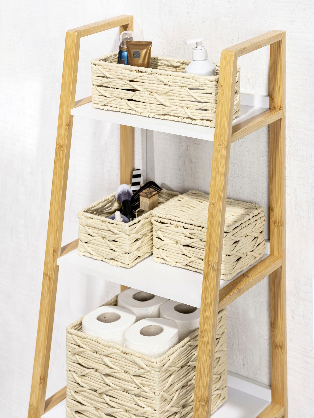 WENKO Badorganizer »Vabriano«, (Set, 2 St.), mit Deckel, aus hochwertigem Papier-Geflecht