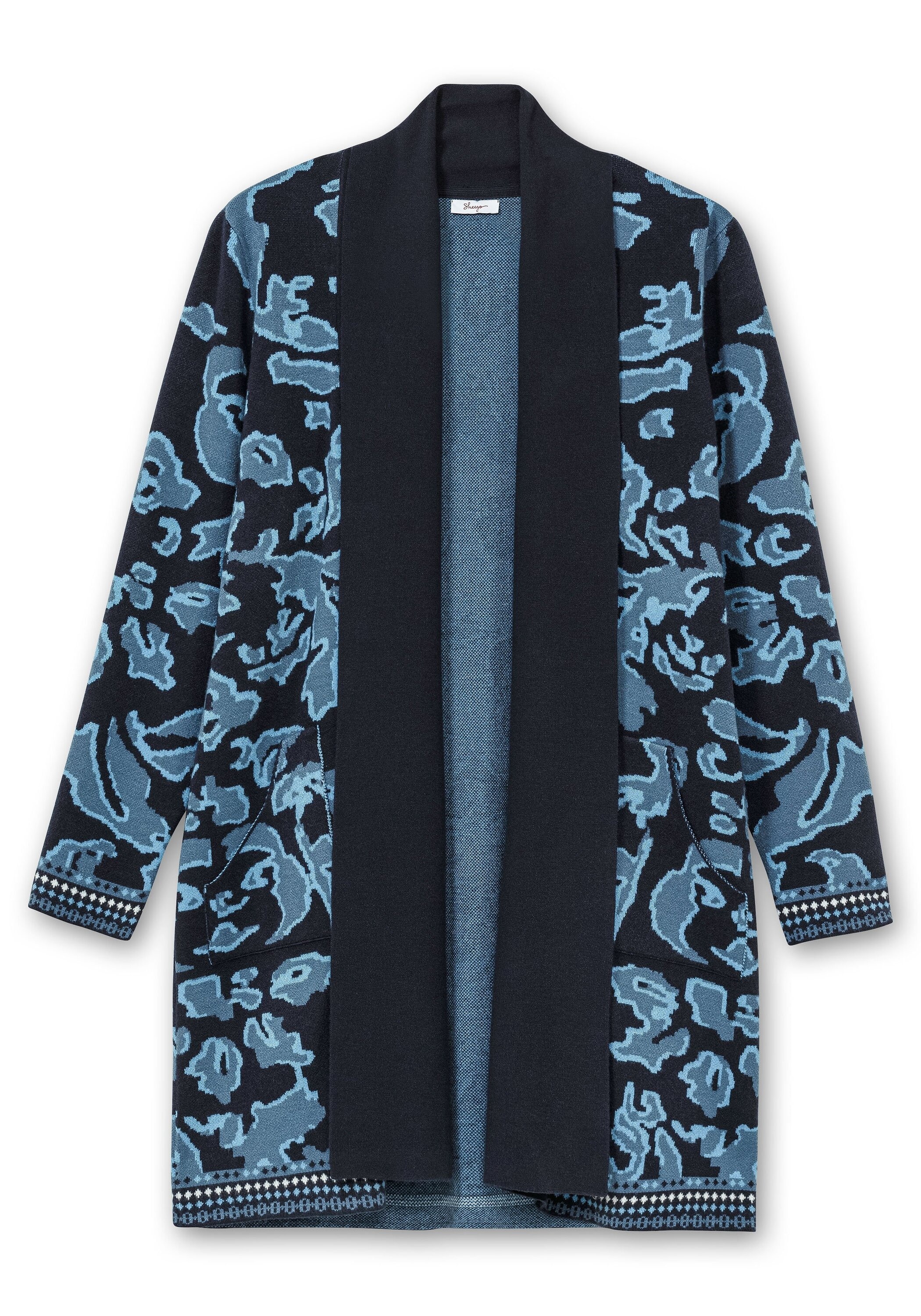 Sheego Longstrickjacke »Strickjacke mit Jacquardmuster und Schalkragen«, mit Jacquardmuster und Schalkragen