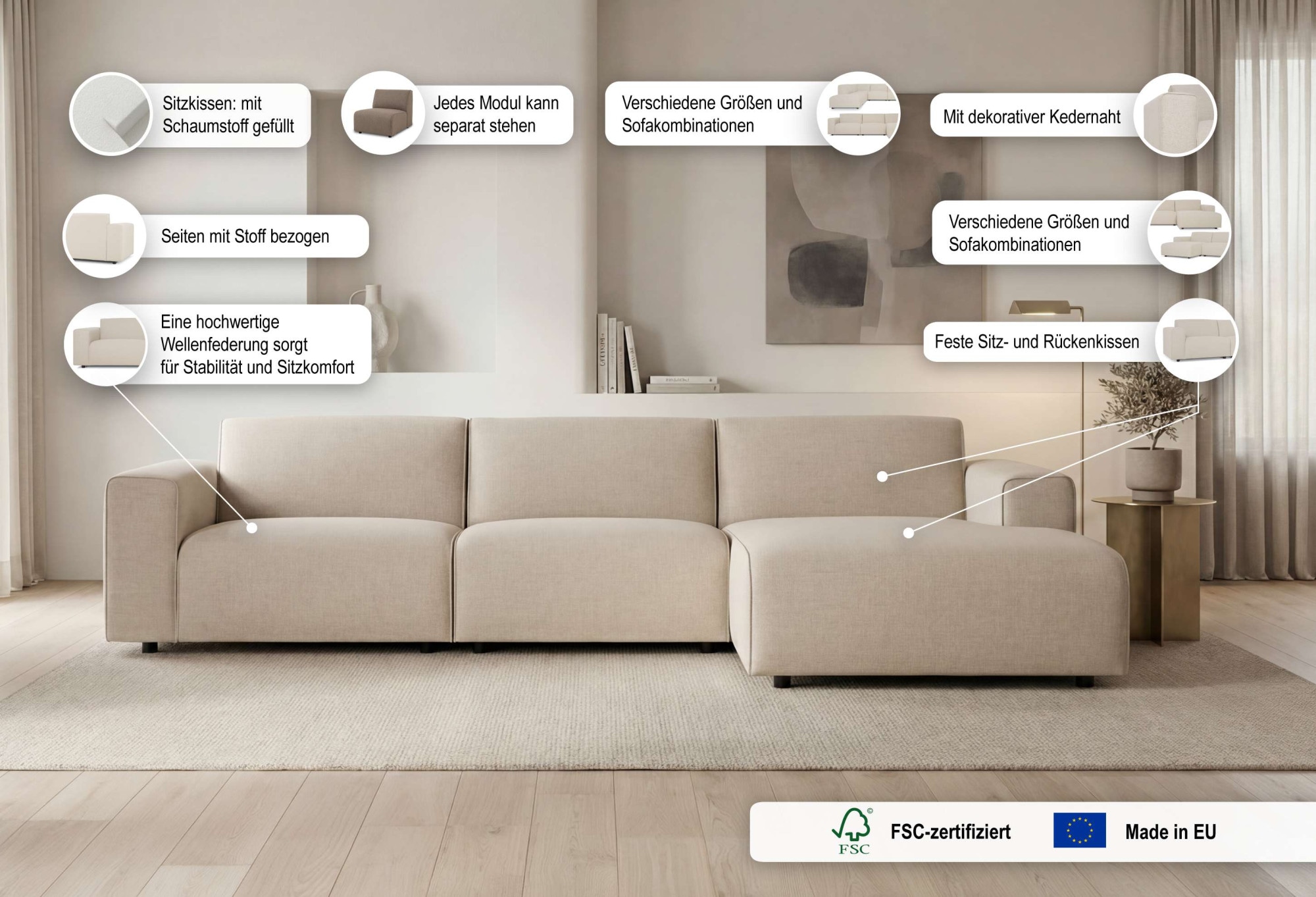 OTTO home Ecksofa »Naddine« B. 318 cm, L-Form, Strukturstoff Mélange-Effekt, Wellenunterfederung