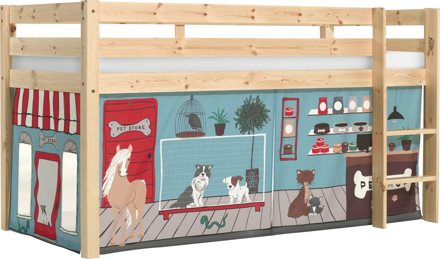 Vipack Spielbett »Pino, Kiefer massiv, mit Rolllattenrost u. Textil-Set, Made in Europe« B/H/T ca. 210x114x106cm, mit Leiter und Absturzschutz,  verschiedene Textil Dessins, 3 Gestellfarben zur Wahl