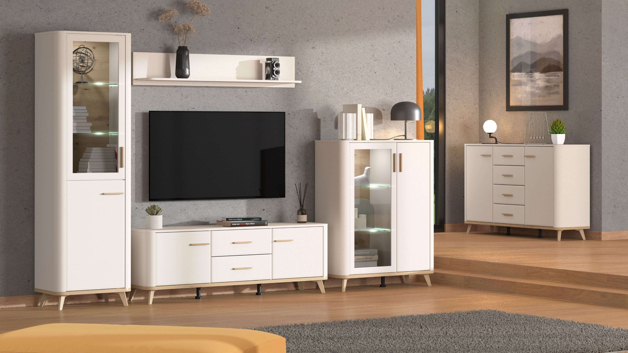 Home affaire Highboard »Darwen Sideboard, Kommode, Anrichte, Schrank, Vitrine« Abgerundete Kanten, matte Kaschmir-Oberflächen, mit 4 Böden