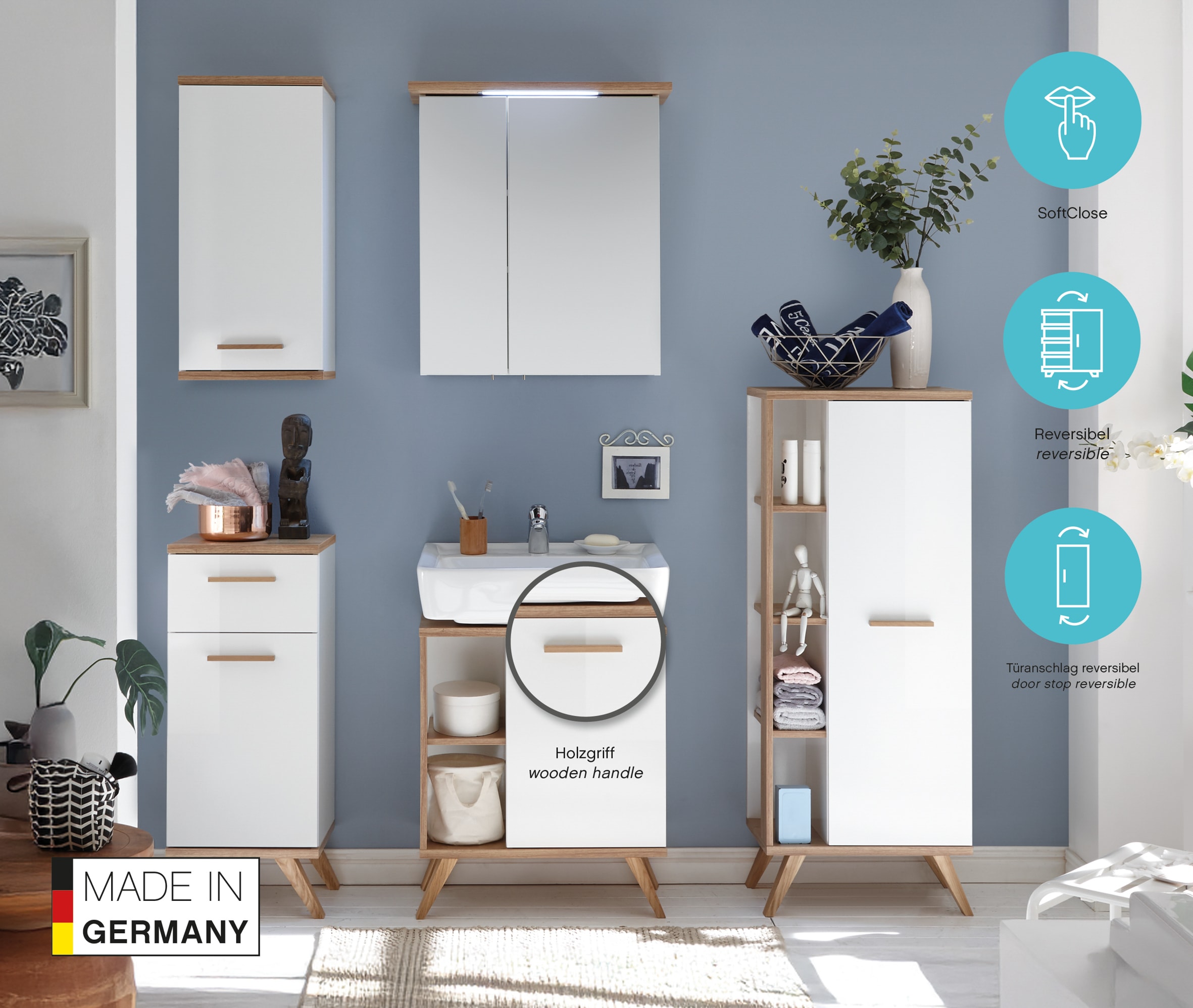 Saphir Midischrank »Quickset Badschrank 50,5 cm breit, 1 Tür, seitliche Ablagen« Badezimmer-Midischrank inkl. Türdämpfer, Griffe in Holz