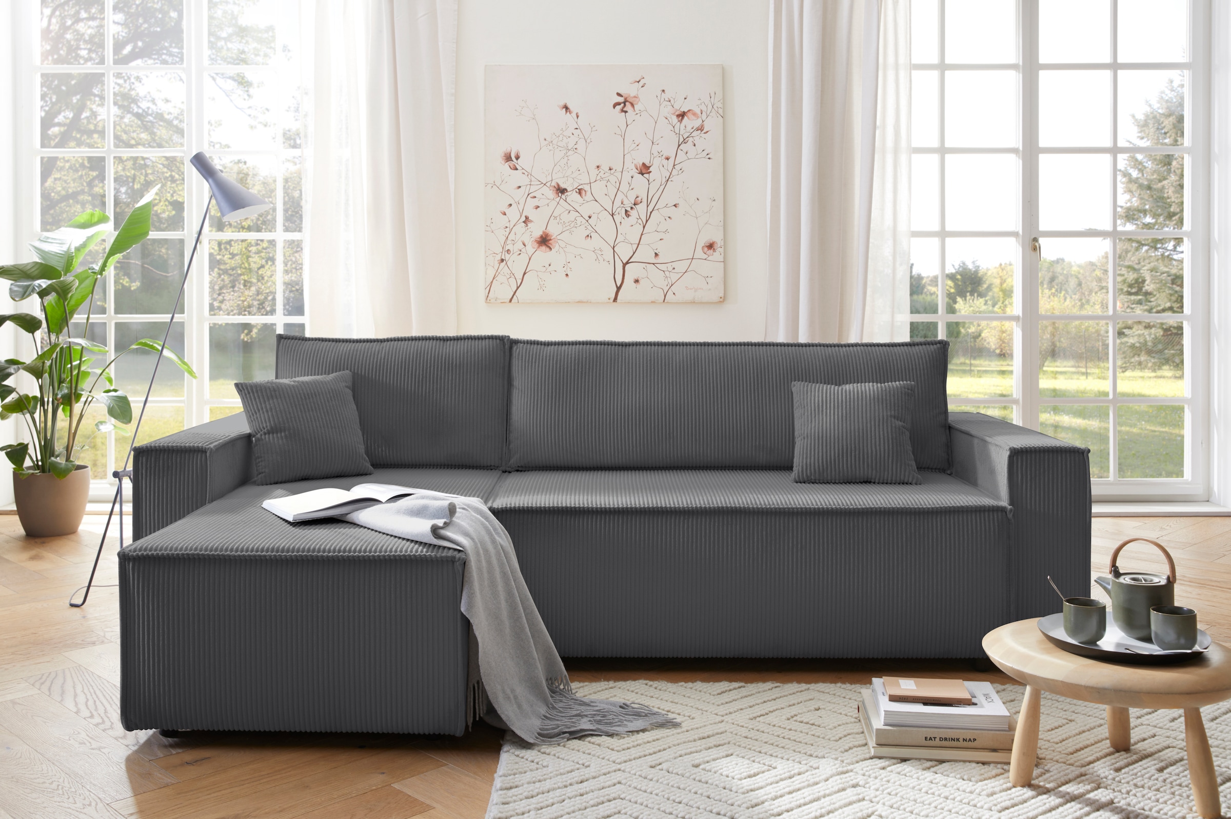 OTTO home Ecksofa »CASSI, 241cm, L-Form, Schlafsofa, Dauerschläfer, Boxspringfederung«, Schlaffunktion (133/200),Bettkasten, Recamiere links/rechts, Cord