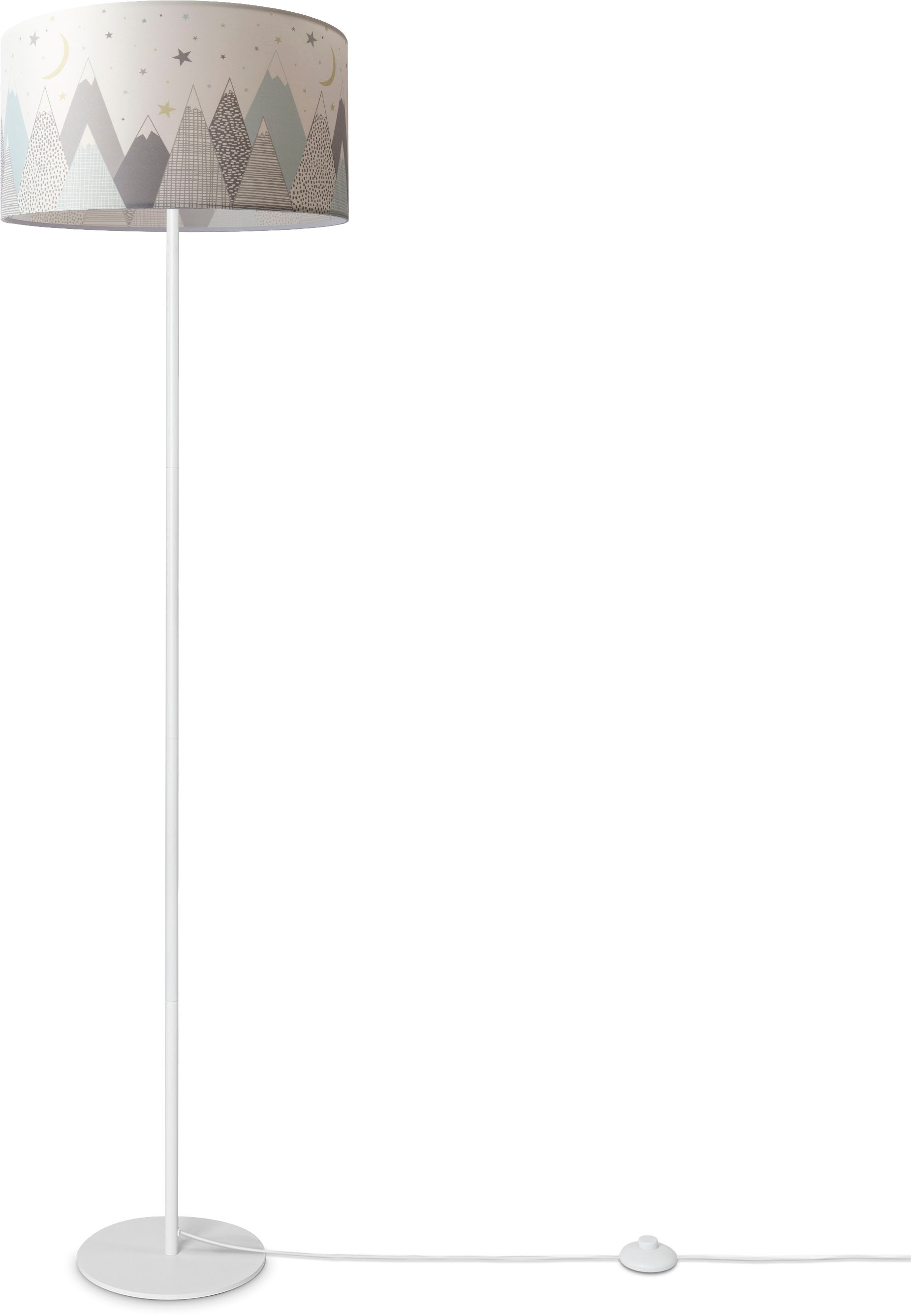 Paco Home Stehlampe »Luca Cosmo« E27 Kinder Lampe Stehlampe Stoff Lampenschirm Babyzimmer Berge Wolken in weiß, Größe Ø 38 cm Höhe: 144 cm