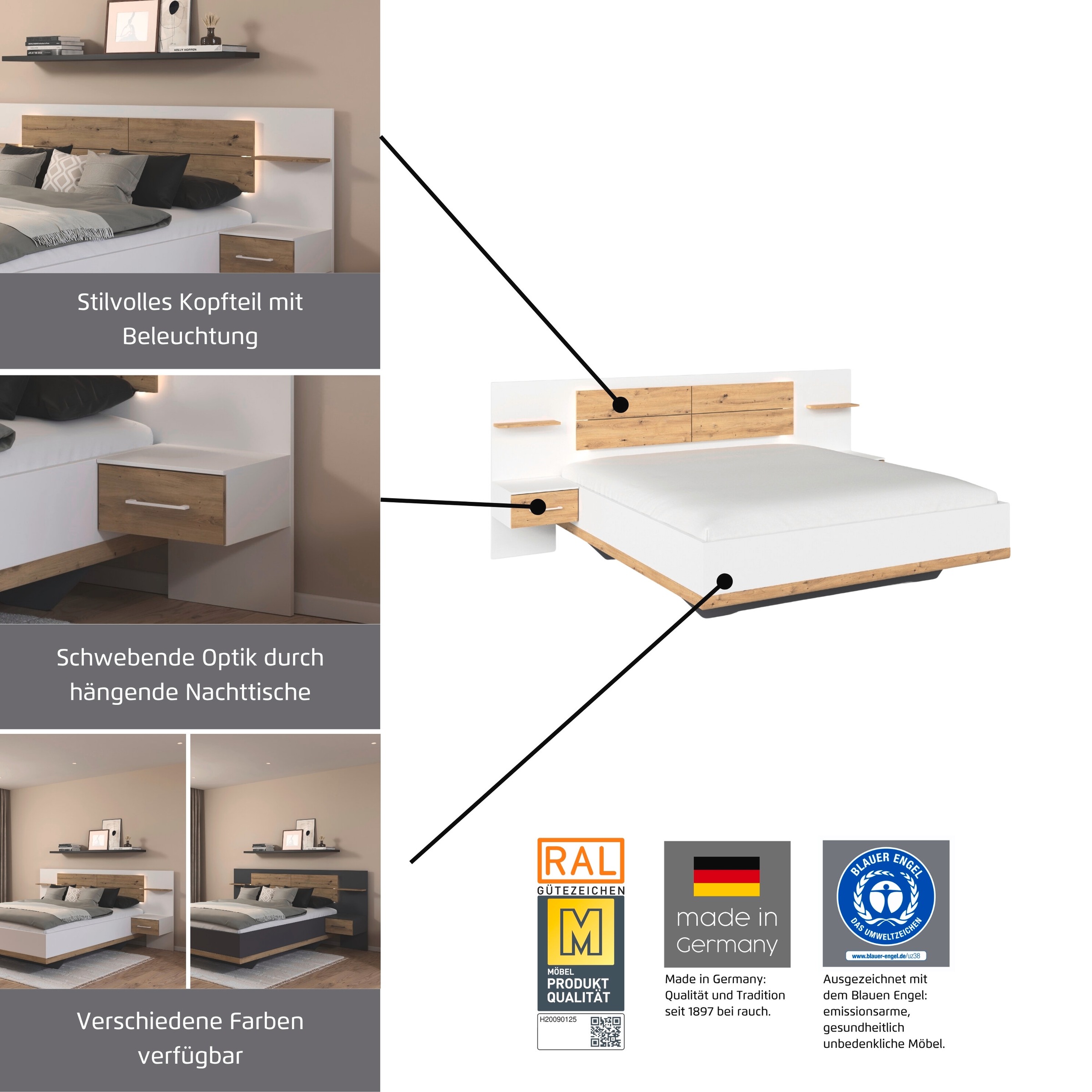rauch Bettanlage »Bett Doppelbett Komfortbett Funktionsbett BOSTON-EXTRA« Set, Liegeflächen 160 cm oder 180 cm, 3 tlg. tlg. Mit warmer Kopfteil-Beleuchtung, 2x Hänge-Nachttische MADE IN GERMANY