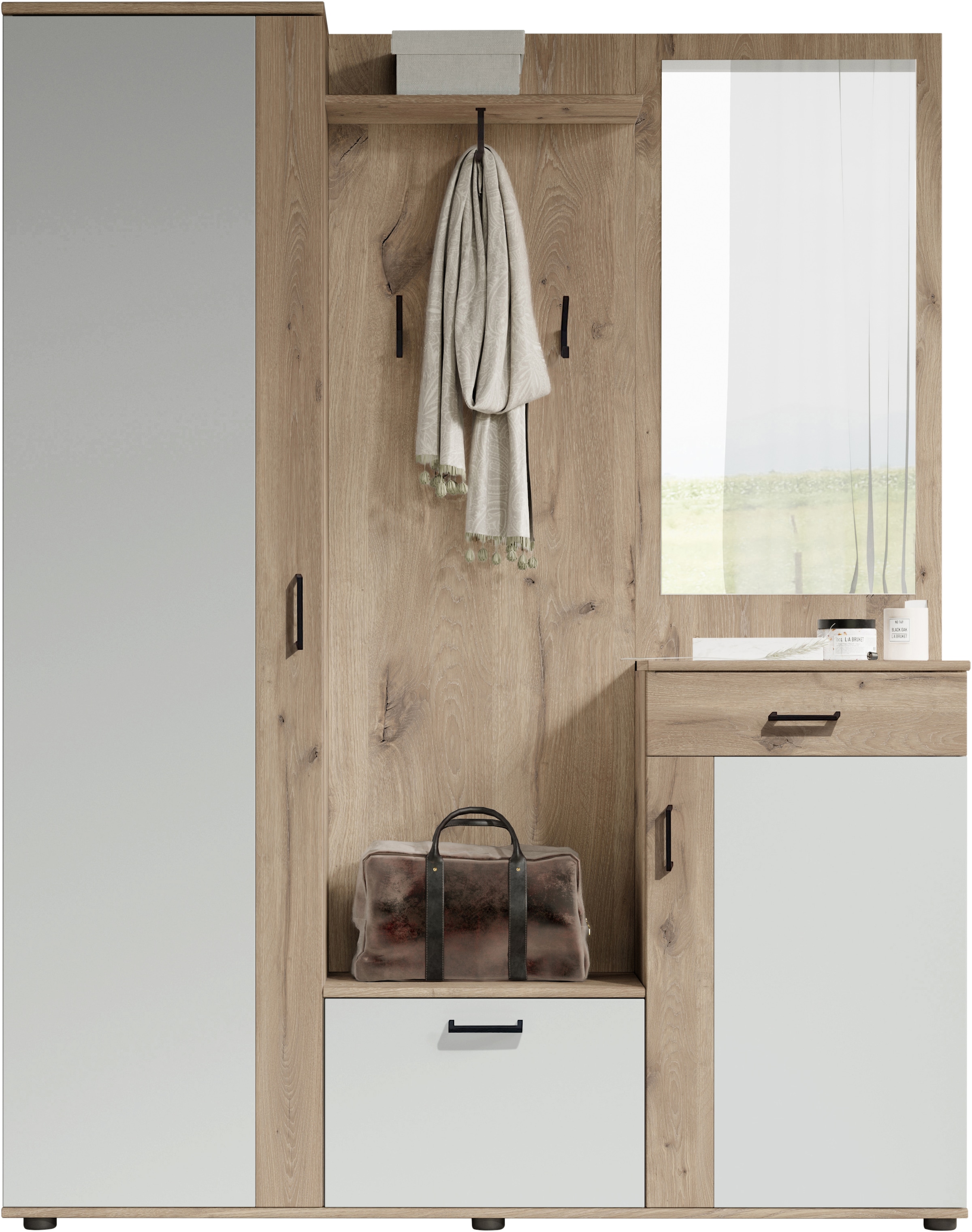 Kompaktgarderobe »Jens mit Spiegel, Flurgarderobe BxHxT 145x184x29 cm«, (1 St.), Mit...