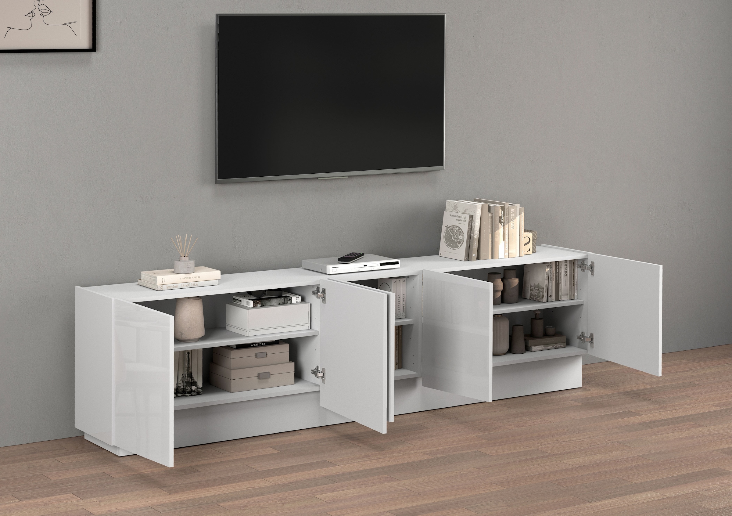INOSIGN Lowboard »VELA, Höhe 60 cm, Breite 225 cm,Design mit schrägen Türen«, (1 St.), Made in Italy, Maße-B/T/H: 225x35x60, Lowboard, TV-Board, TV-Kommode