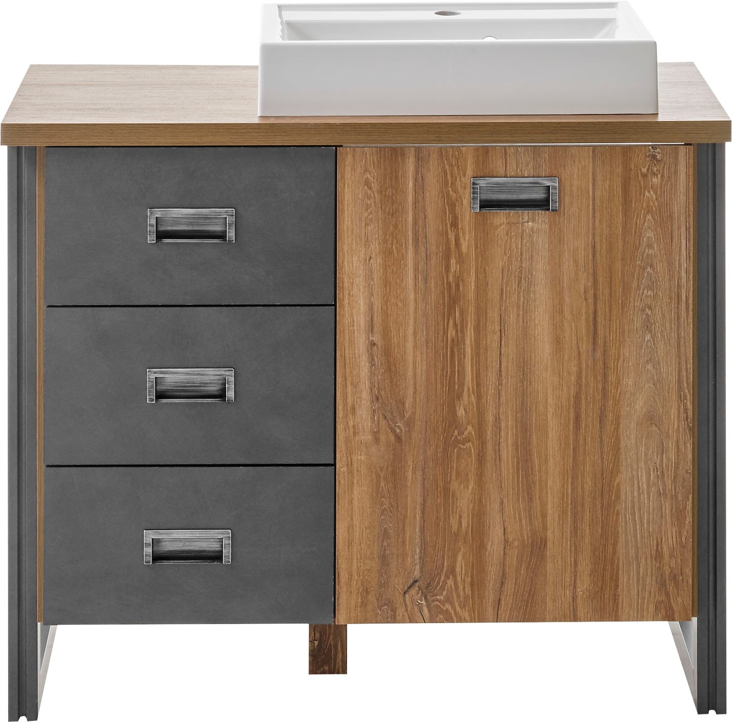 Home affaire Waschtisch »Detroit, Unterschrank mit Apothekergriff, Badschrank, Industrialdesign«, Eiche Dekor, mit Stauraum, inkl. Mineralguss-Waschbecken, Breite 91 cm