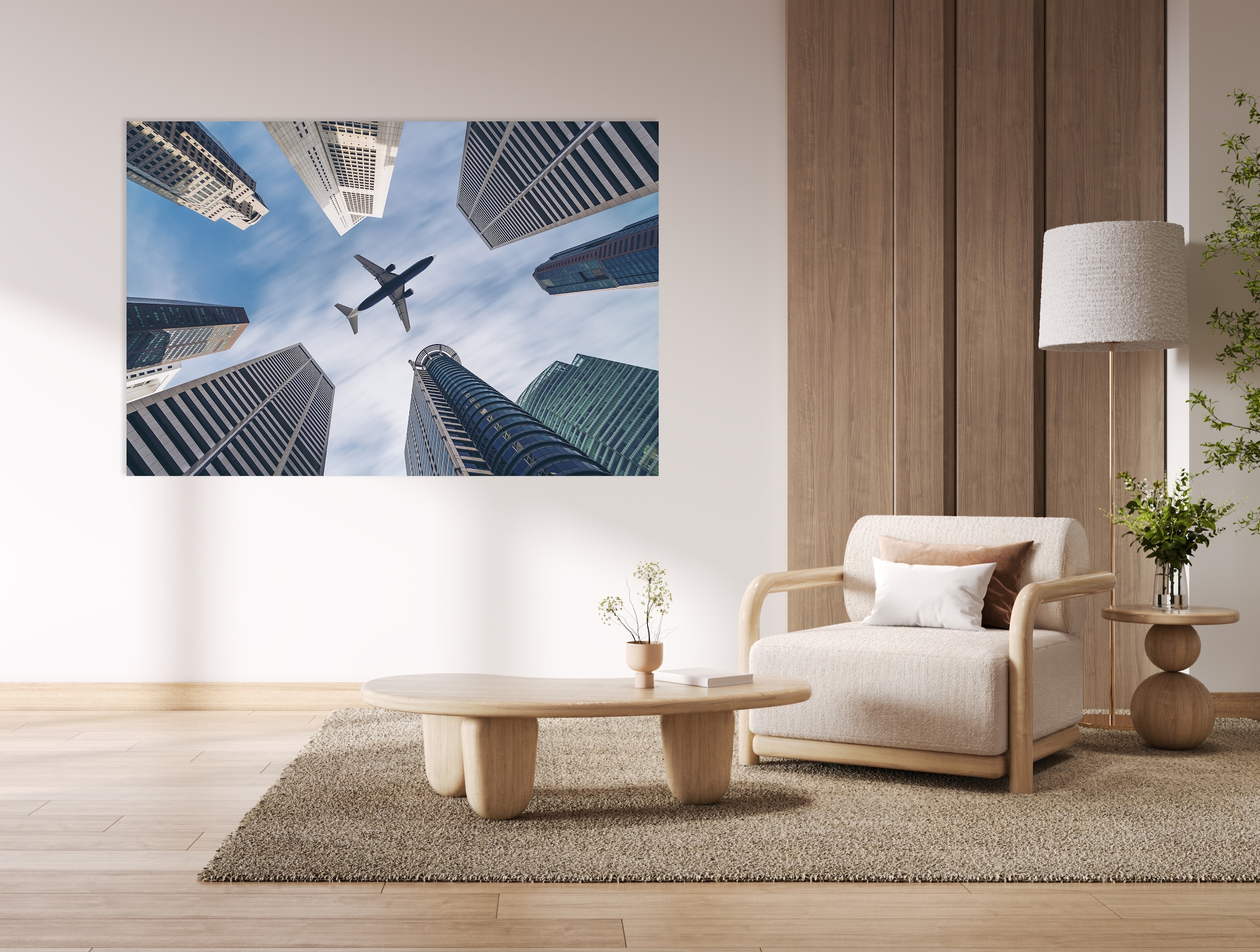 queence Acrylglasbild »Flugzeug über Hochhäusern« 1 Stk. tlg. mit schwebender 3D Tiefenwirkung, dank der rahmenlosen Befestigung