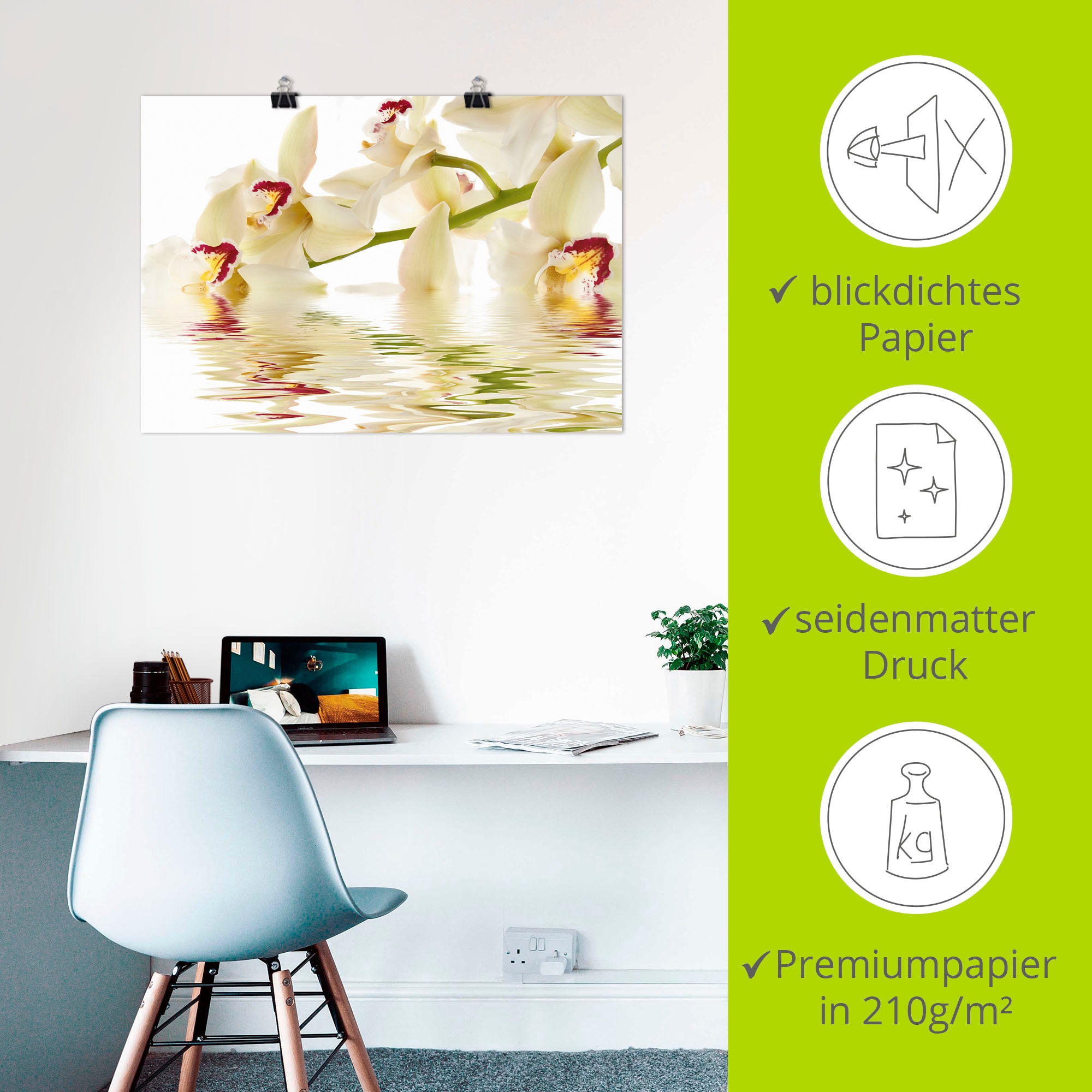 Artland Wandbild »Weiße Orchidee mit Wasserreflektion«, Blumen, (1 St.), als Leinwandbild, Poster in verschied. Größen