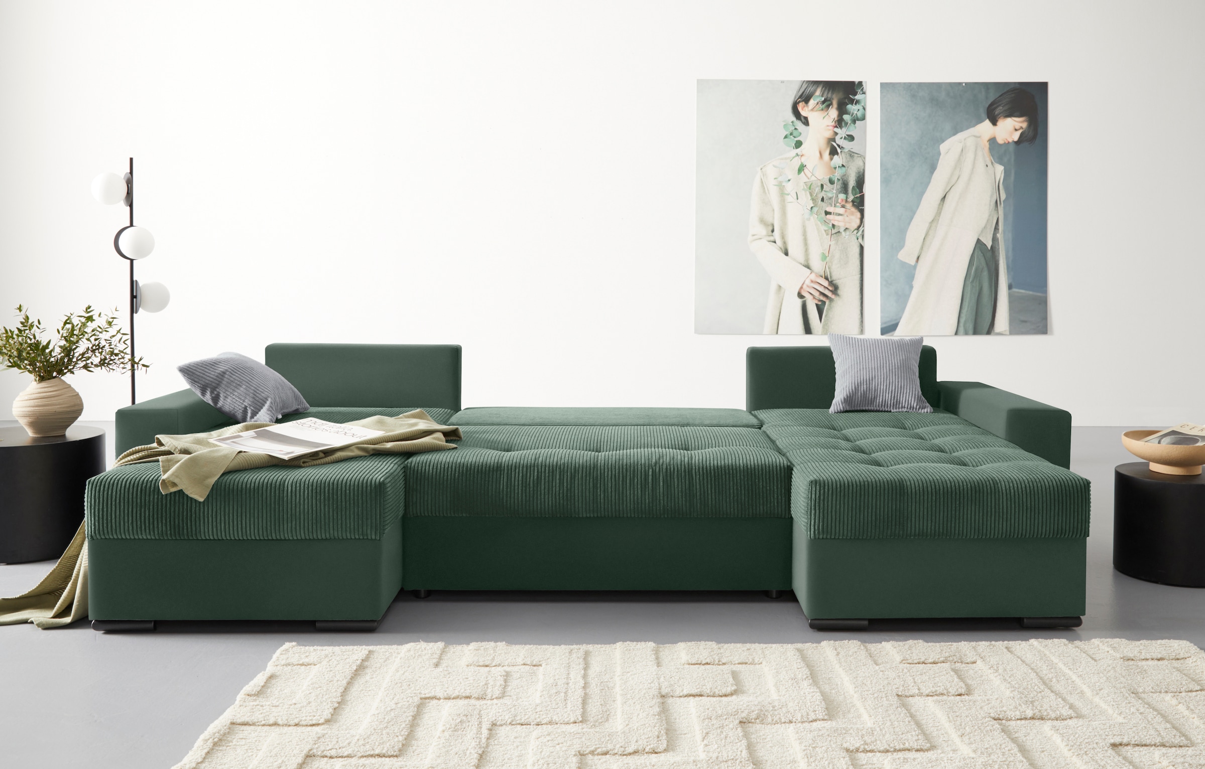 COLLECTION AB Wohnlandschaft »XL-Josy U-Form, Breite 313 cm, Cord-/Mix«, inkl. Bettfunktion, Bettkasten, mit 4 gleich großen Rückenkissen