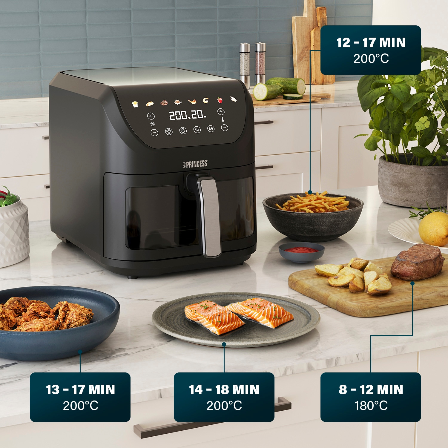 PRINCESS Heißluftfritteuse »182258 SlimFry Airfryer«, 2000 W, 8 L, platzsparendes Design, fettfreie Kochtechn., 8 Progr., 55dB leise