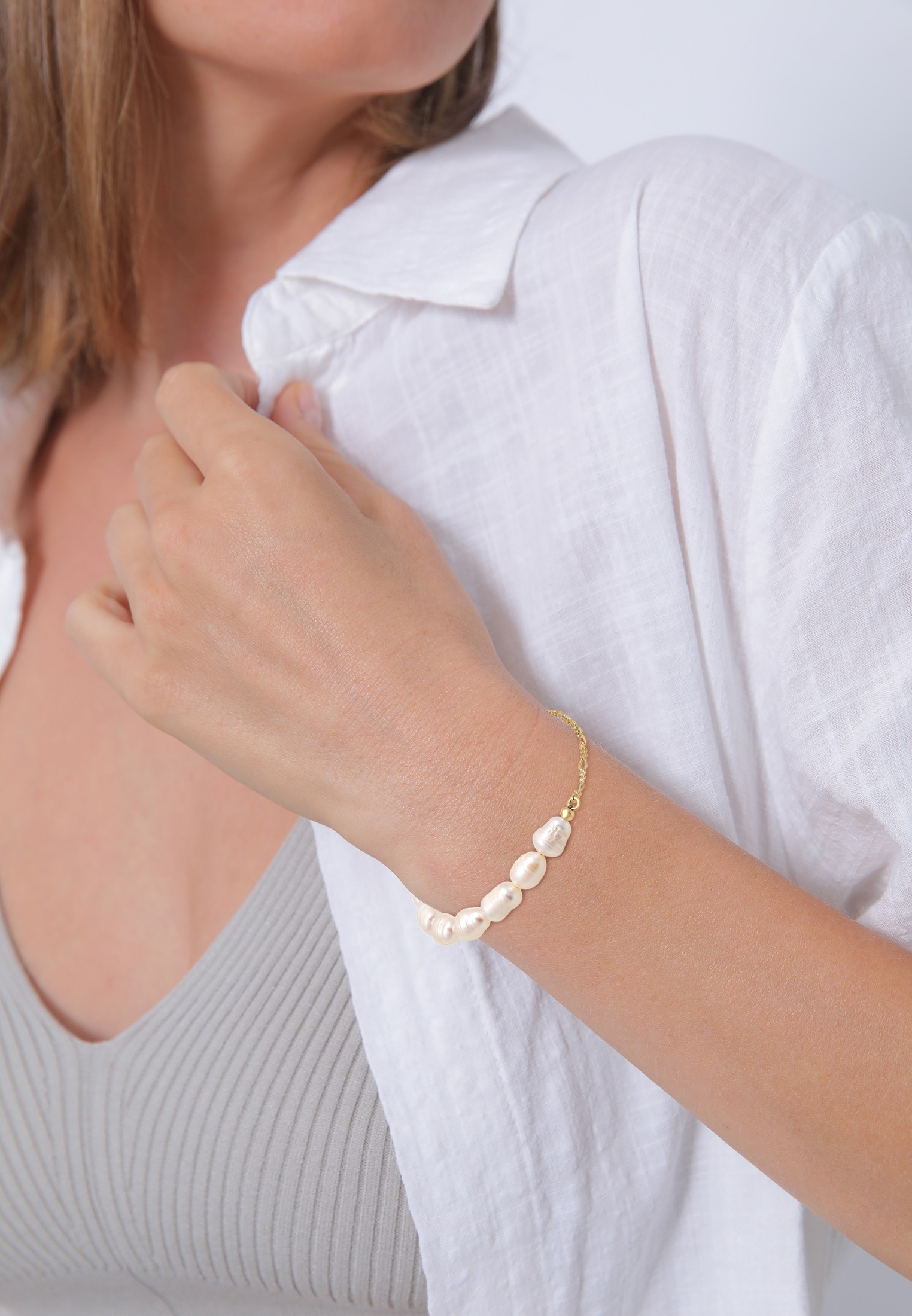 Elli Premium Armkette »Armband Figaro Barock Süßwasserzuchtperle 925er Silber«
