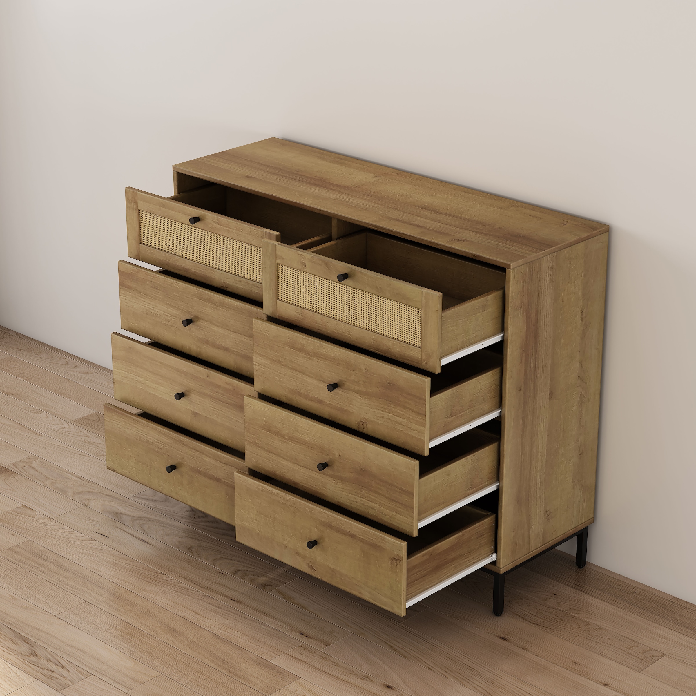 OTTO home Kombikommode »Motala Wäsche Schrank mit 8 Schubladen Sideboard BOHO Design« Eichen-Design mit schwarzen Griffen und Geflecht Schubladen,  Kommode Schrank Wäscheschrank mit 8 Schubladen