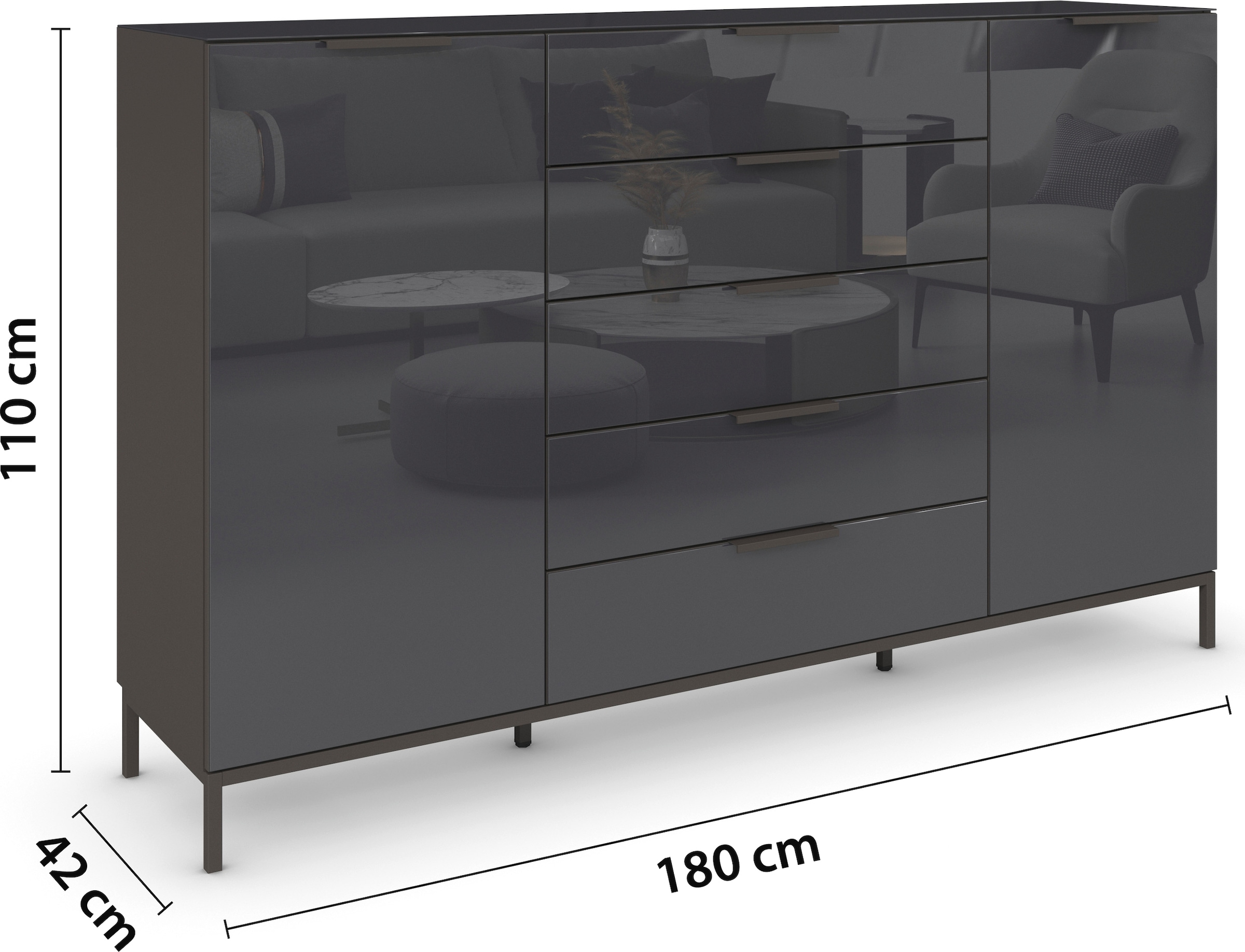 rauch Schubkastenkommode »Kommode Türkommode Sideboard Kombikommode FLIPP mit Glasfront« Breite 160/180 cm mit 4 Einlegeböden,  2-türig, 5 Schubladen, Soft-Close, Oberboden und Front Glas, 2 Breiten