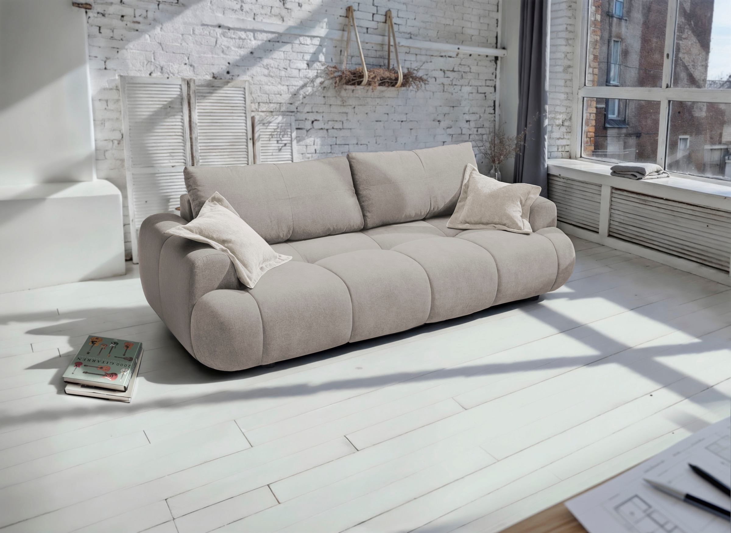exxpo - sofa fashion 3-Sitzer »Alessano, 254 cm breit, modern & gemütlich« Verlässliche Qualität, inkl.Bettfunktion, Bettkasten, 2x Plaidskissen