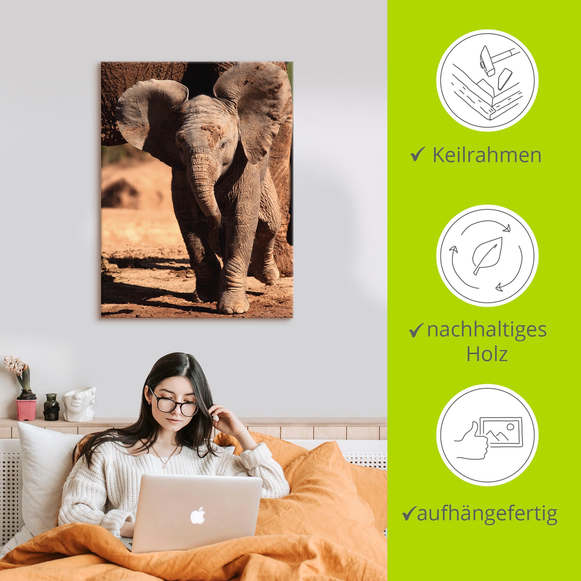 Artland Leinwandbild »Elefantenbaby«, Wildtiere, (1 St.), auf Keilrahmen gespannt