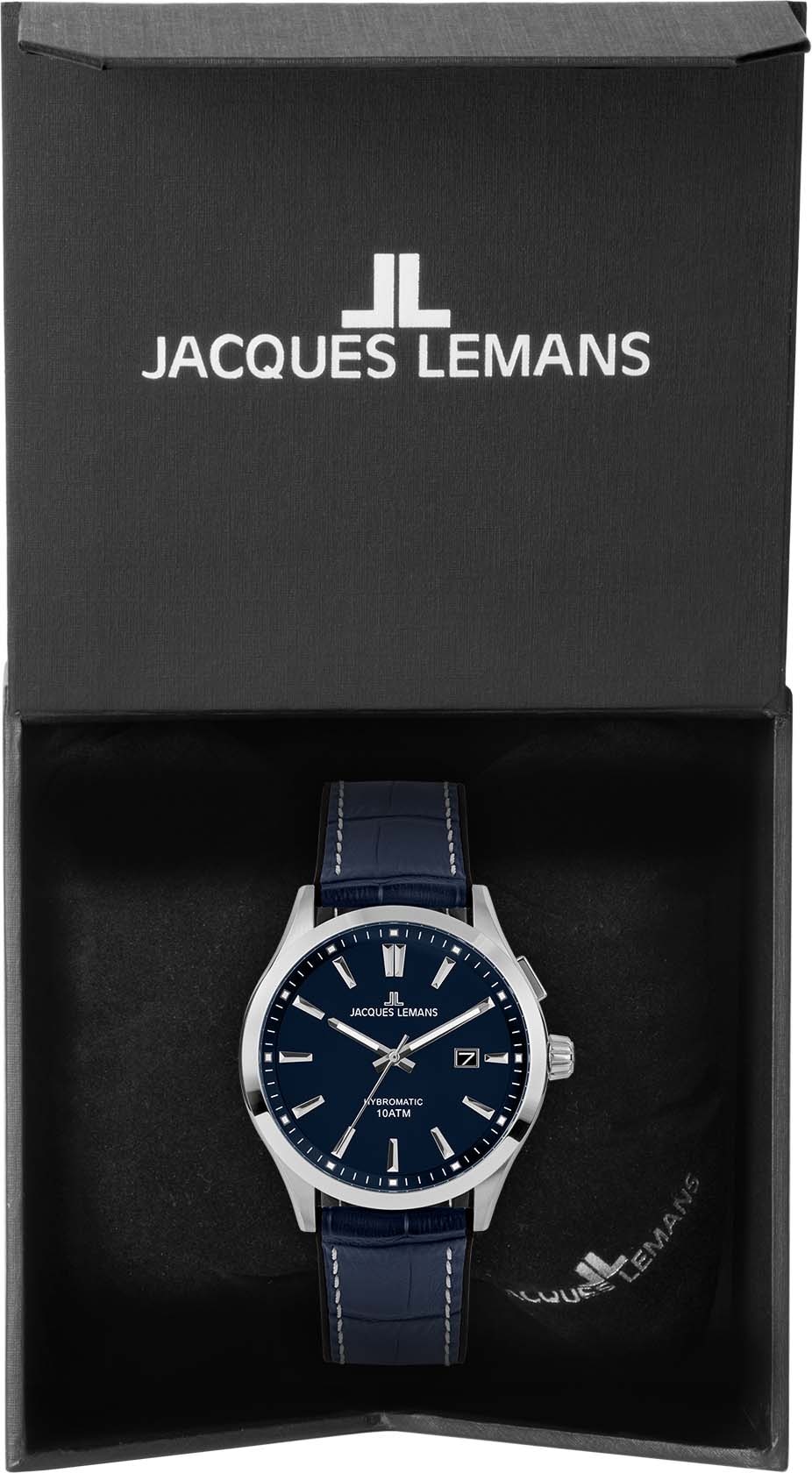 Jacques Lemans Kineticuhr »Hybromatic, 1-2130C«, Armbanduhr, Herrenuhr, Datum, Leuchtzeiger, Lederarmband