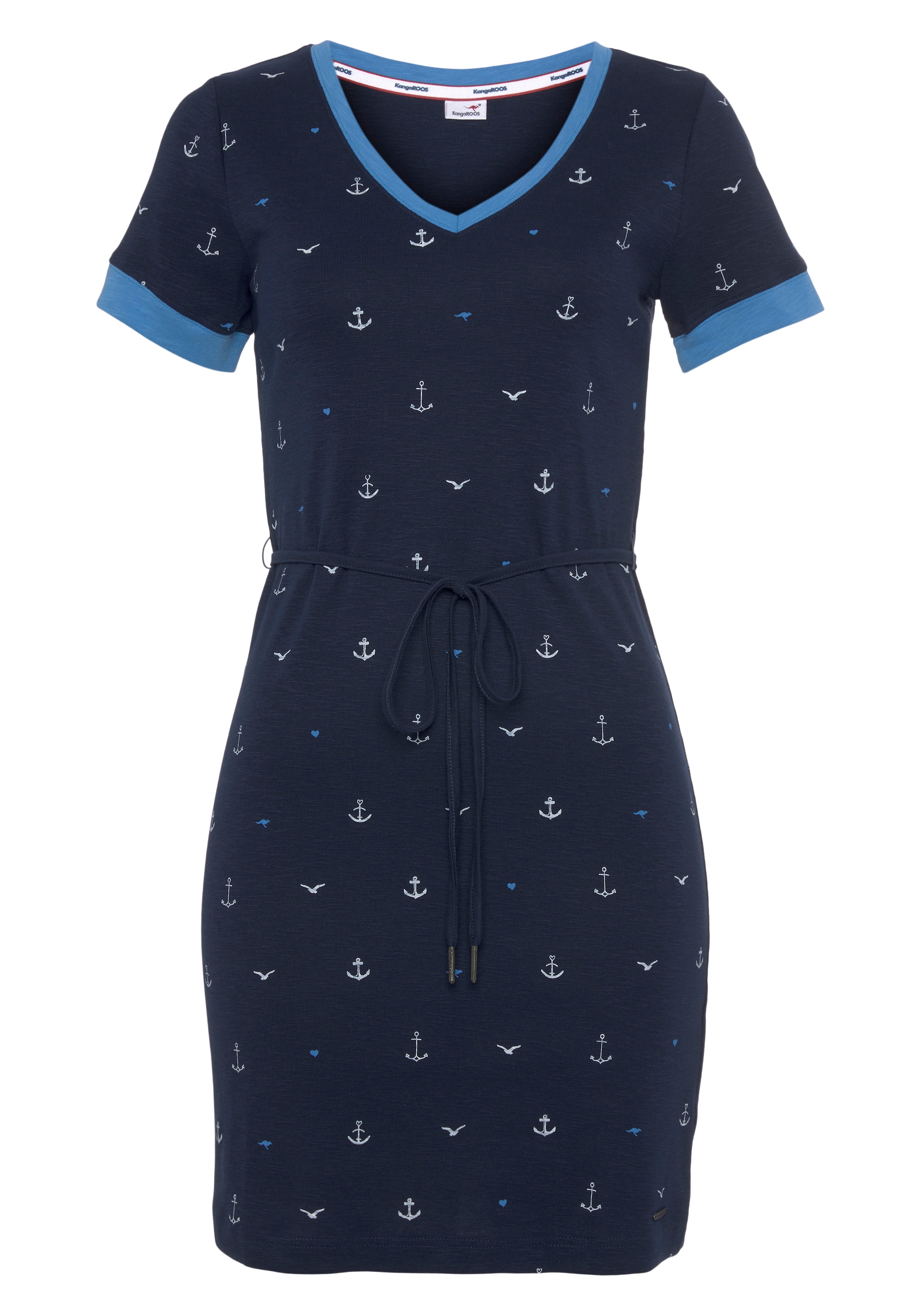 NEUE Online Jerseykleid, mit im Minimal-Alloverdruck KangaROOS Bindegürtel), - KOLLEKTION (mit OTTO maritimen bestellen Shop