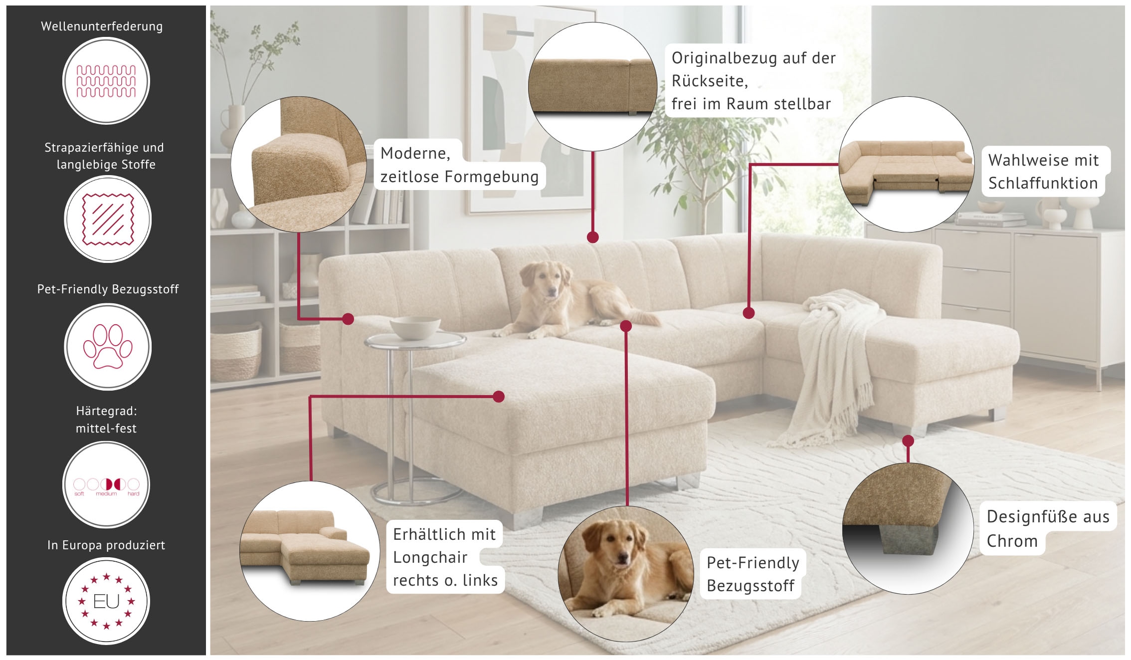 OTTO home Wohnlandschaft »Lolland 296 x 195 cm, modern, mit Steppungen, gemütlich« U-Form, aus Pet Friendly Bezug