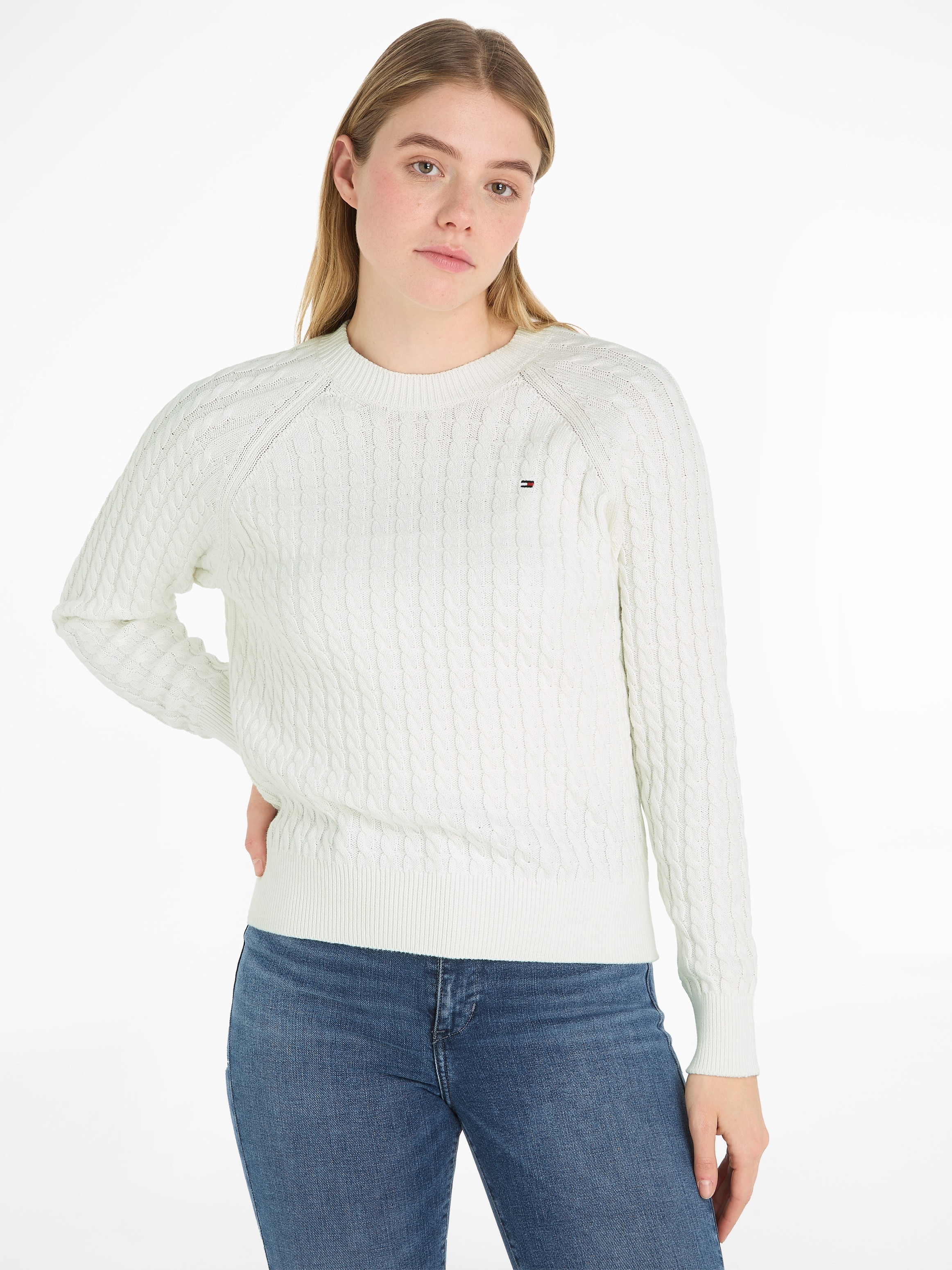 Tommy Hilfiger Rundhalspullover »CO CABLE C-NK SWEATER«, mit Zopfmuster