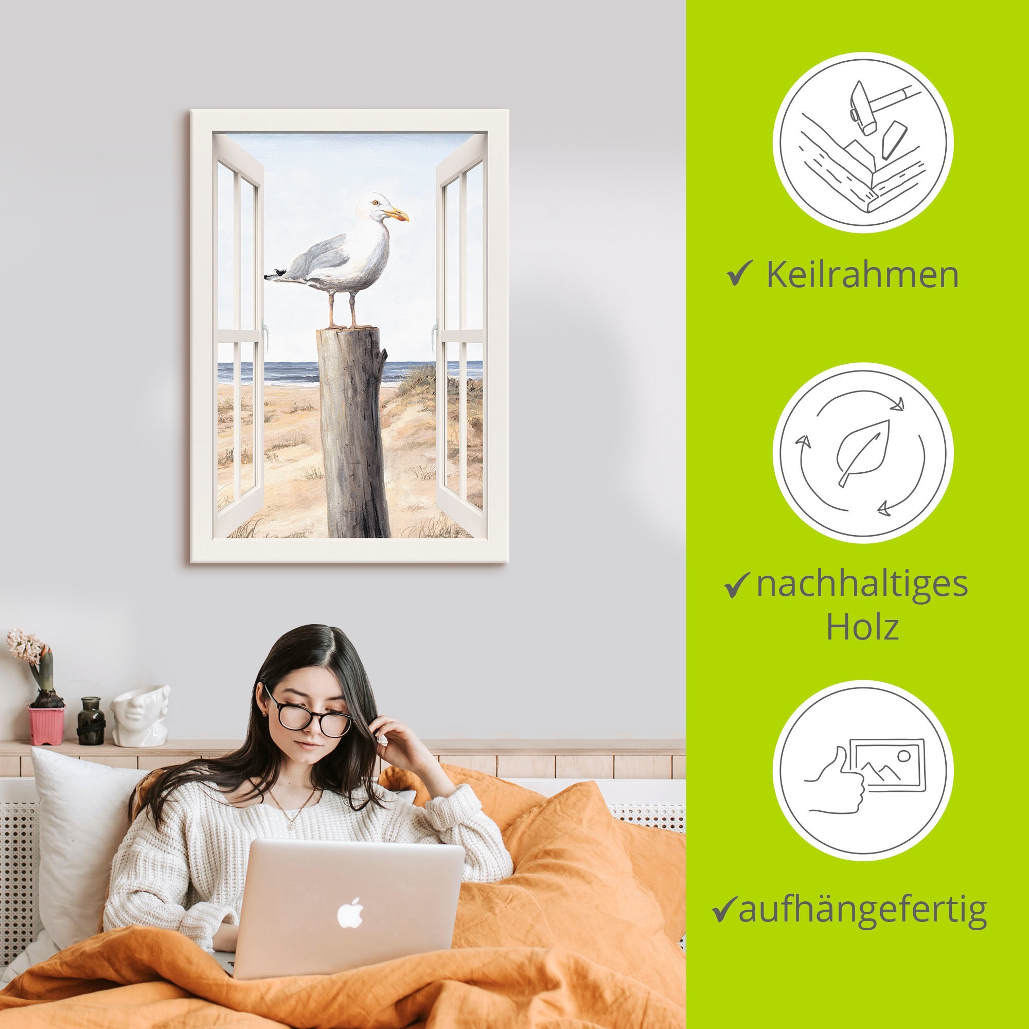 Artland Wandbild »Möwe Fensterblick«, Vogelbilder, (1 St.), als Alubild, Leinwandbild, Wandaufkleber oder Poster in versch. Größen
