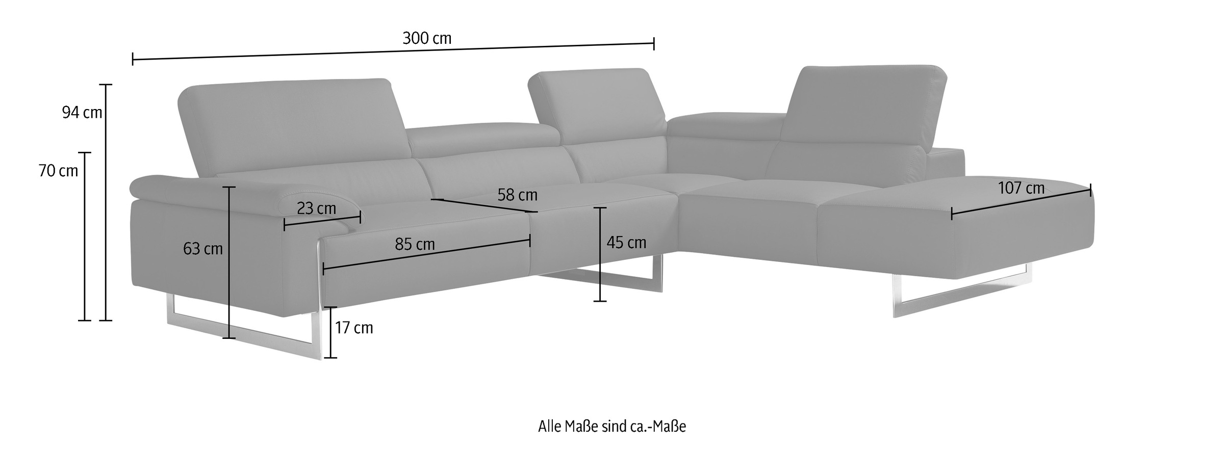 Egoitaliano Ecksofa »Malika, elegant und bequem, Designsofa, L-Form«, mit Ottomane, inkl. Kopfteilverstellung und chromfarbenen Metallfüßen